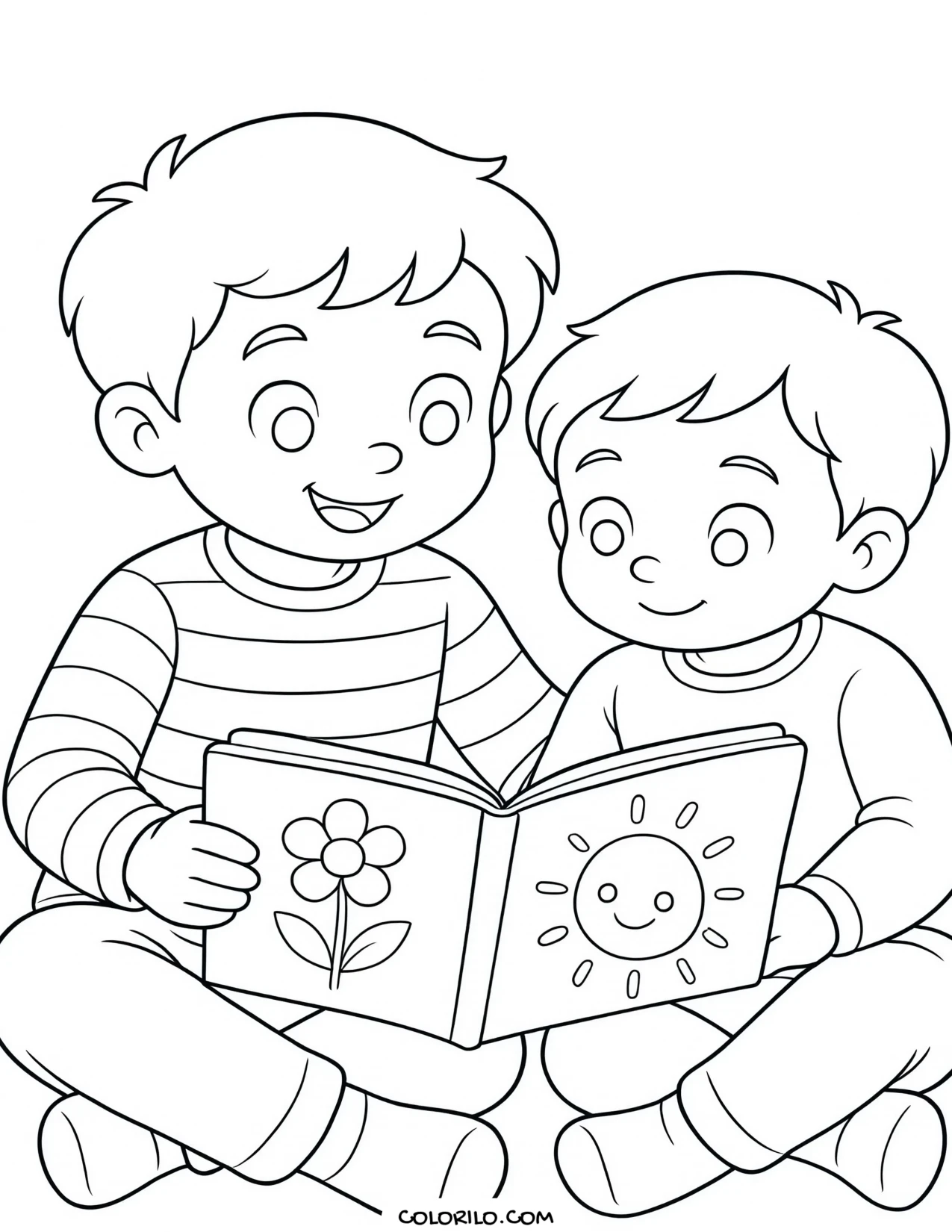 Two preschool boys sharing a book coloring page