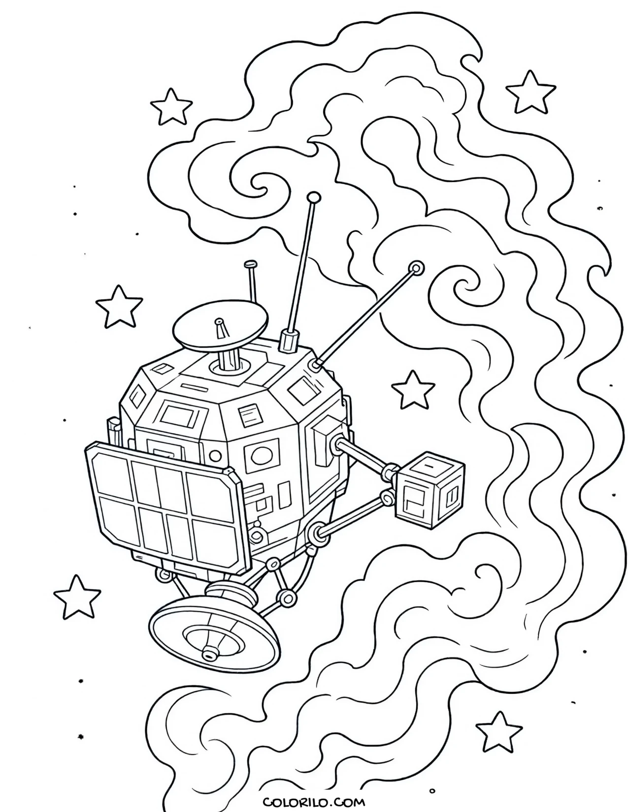 A space probe beside a nebula coloring page