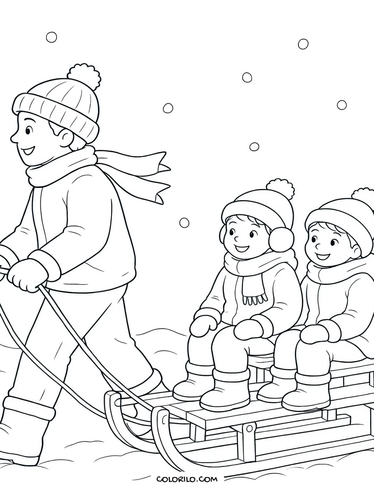 Children pulling a sledge through the snow coloring page