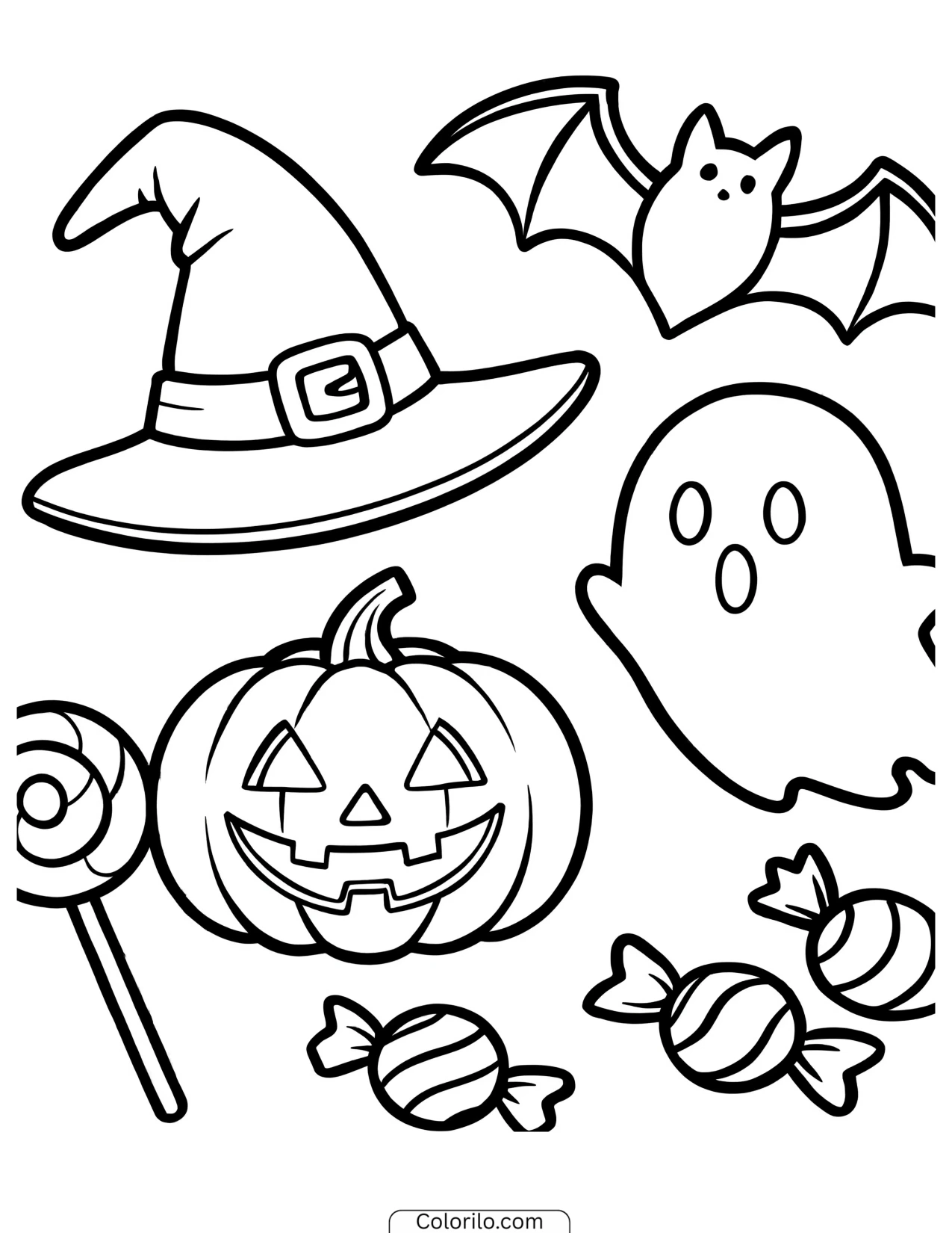 A pumpkin, ghost, witch hat and bat together coloring page