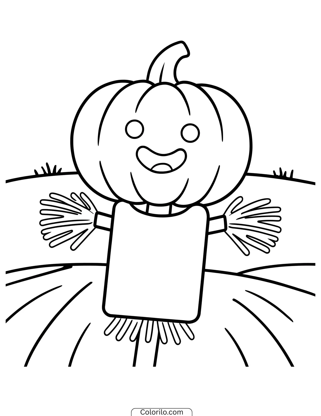 Scarecrow with a pumpkin head standing in a field coloring page