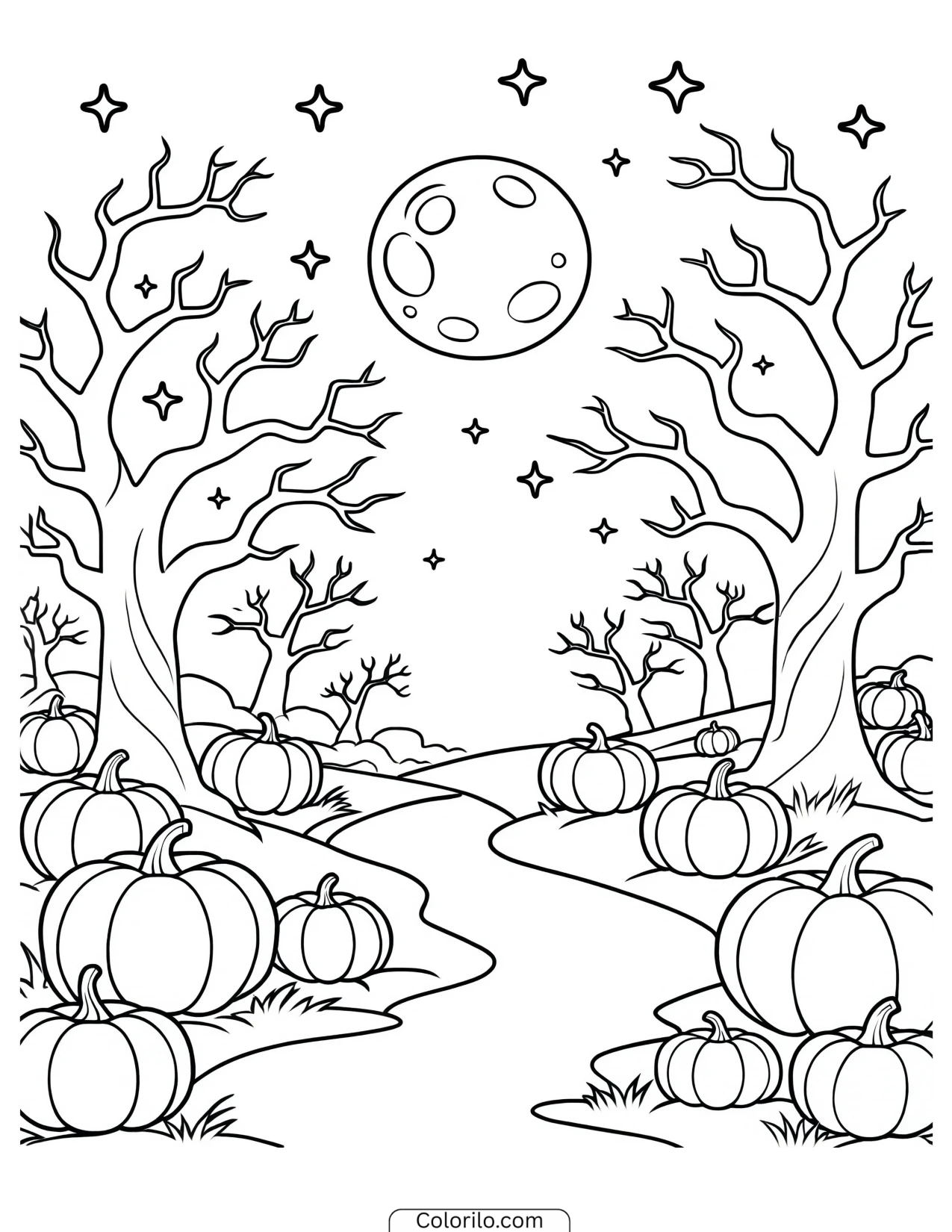 Pumpkin patch beneath a full moon coloring page
