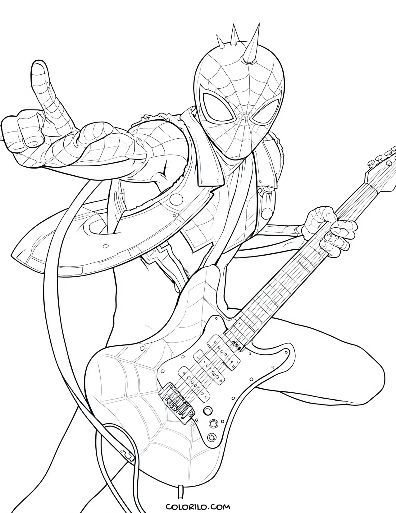 A punk Spider-Man playing an electric guitar coloring page