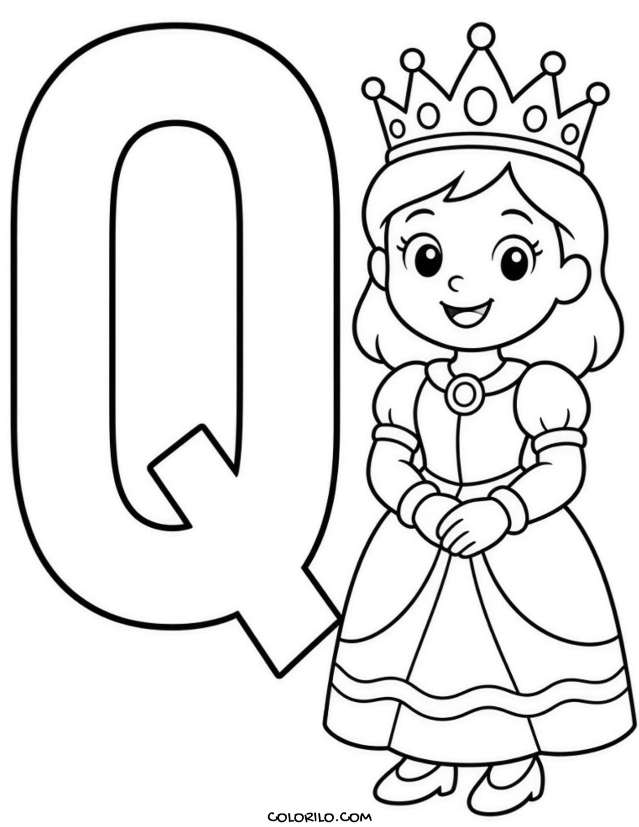 The letter Q with a queen coloring page