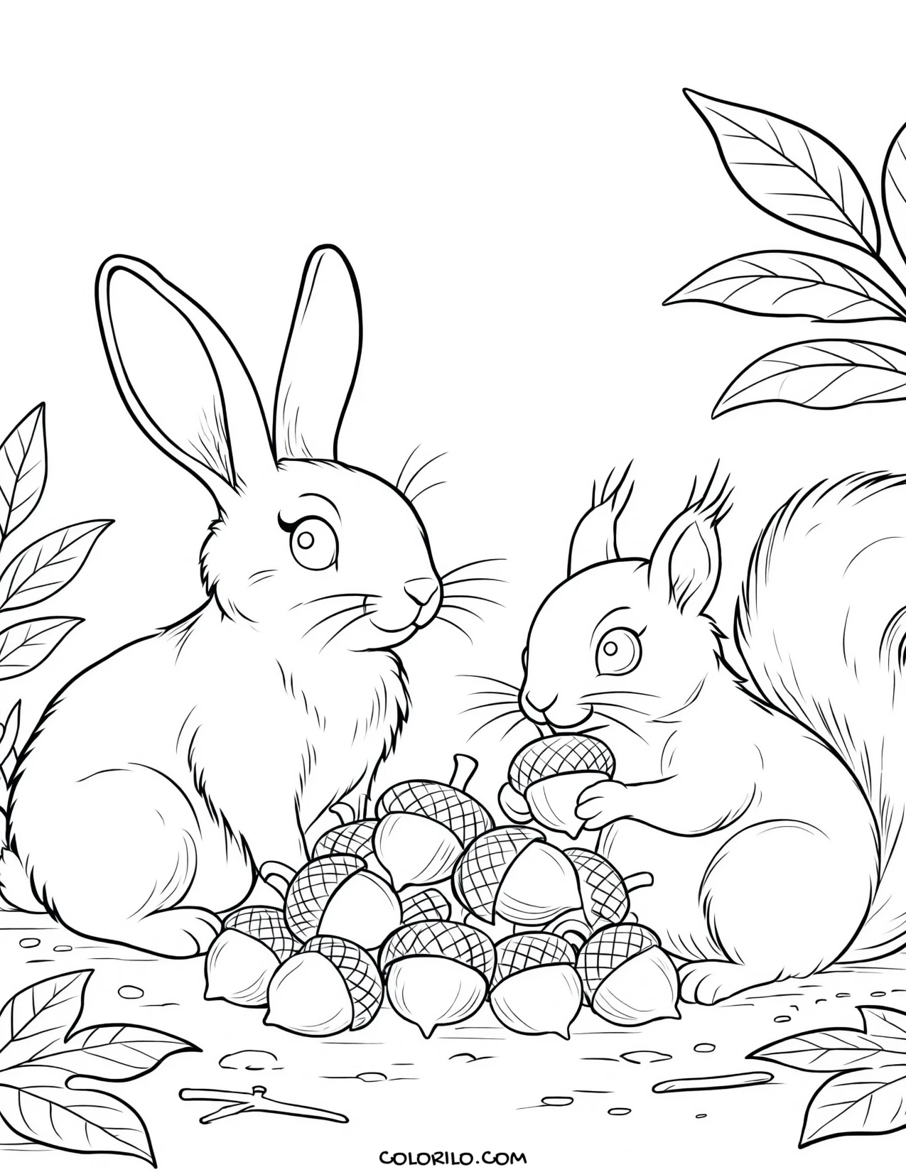 A rabbit and a squirrel gathering acorns coloring page
