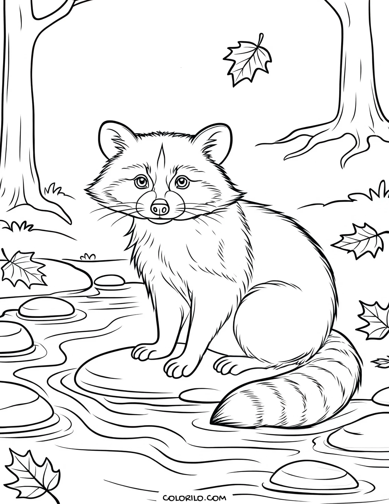 A raccoon beside an autumn stream coloring page