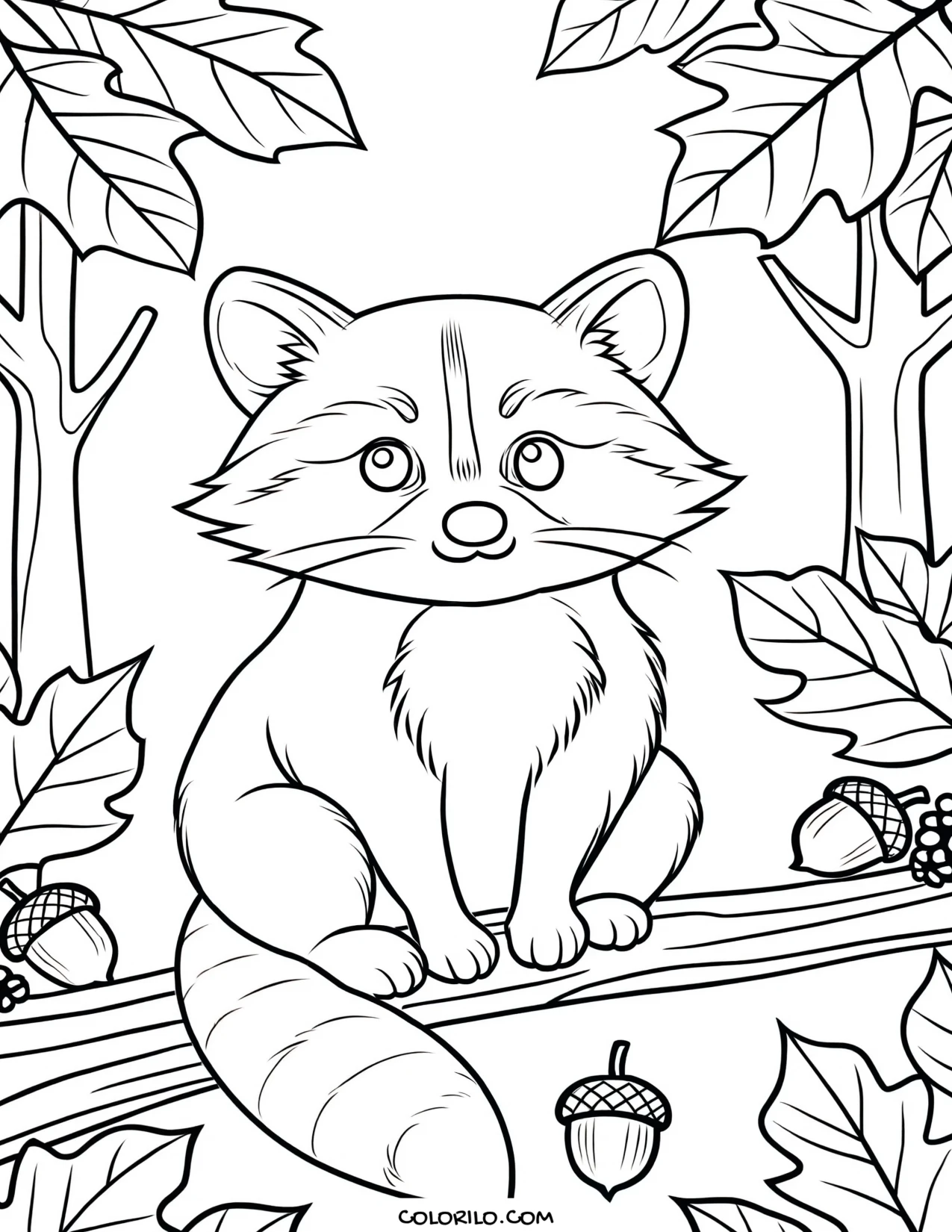 A raccoon climbing an autumn tree coloring page