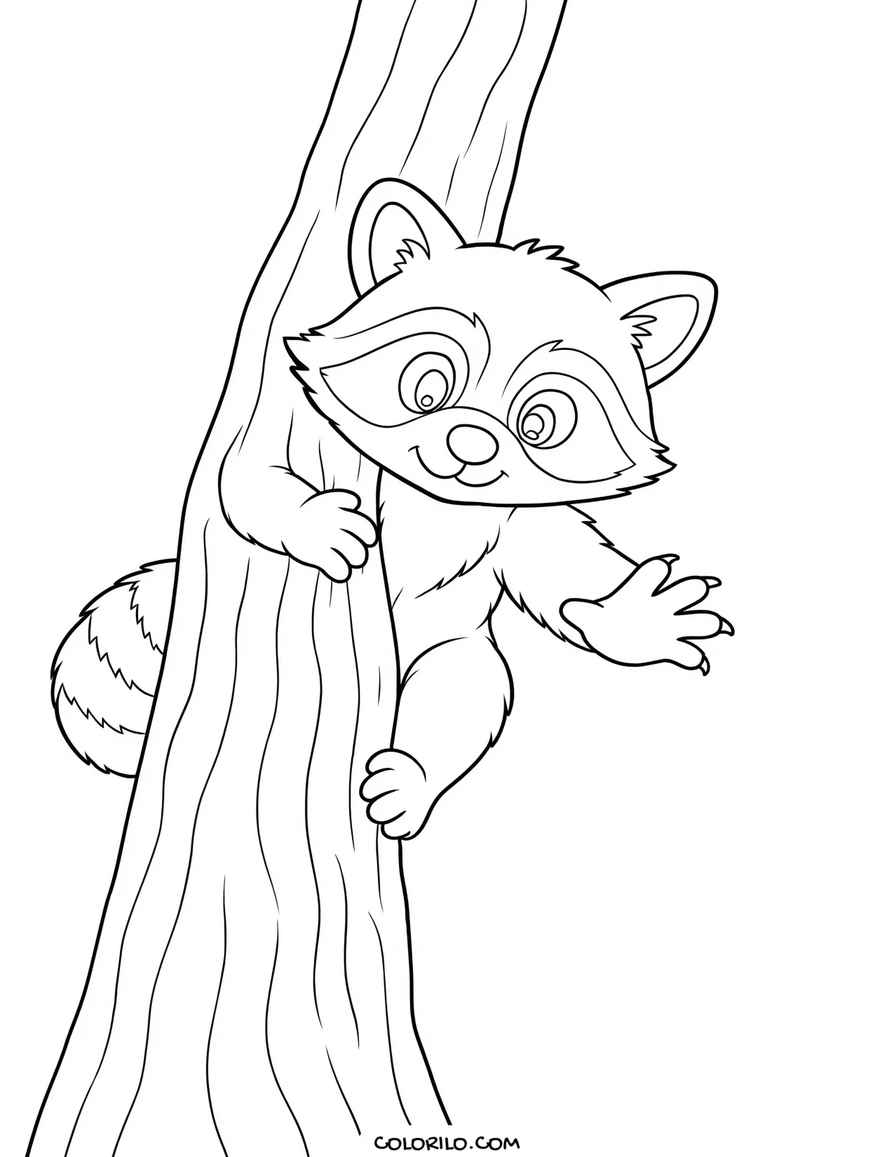 a raccoon climbing a tree trunk coloring page