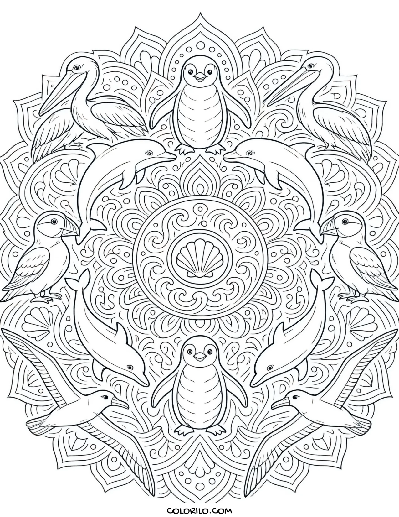 A radial mandala of ocean birds and mammals coloring page