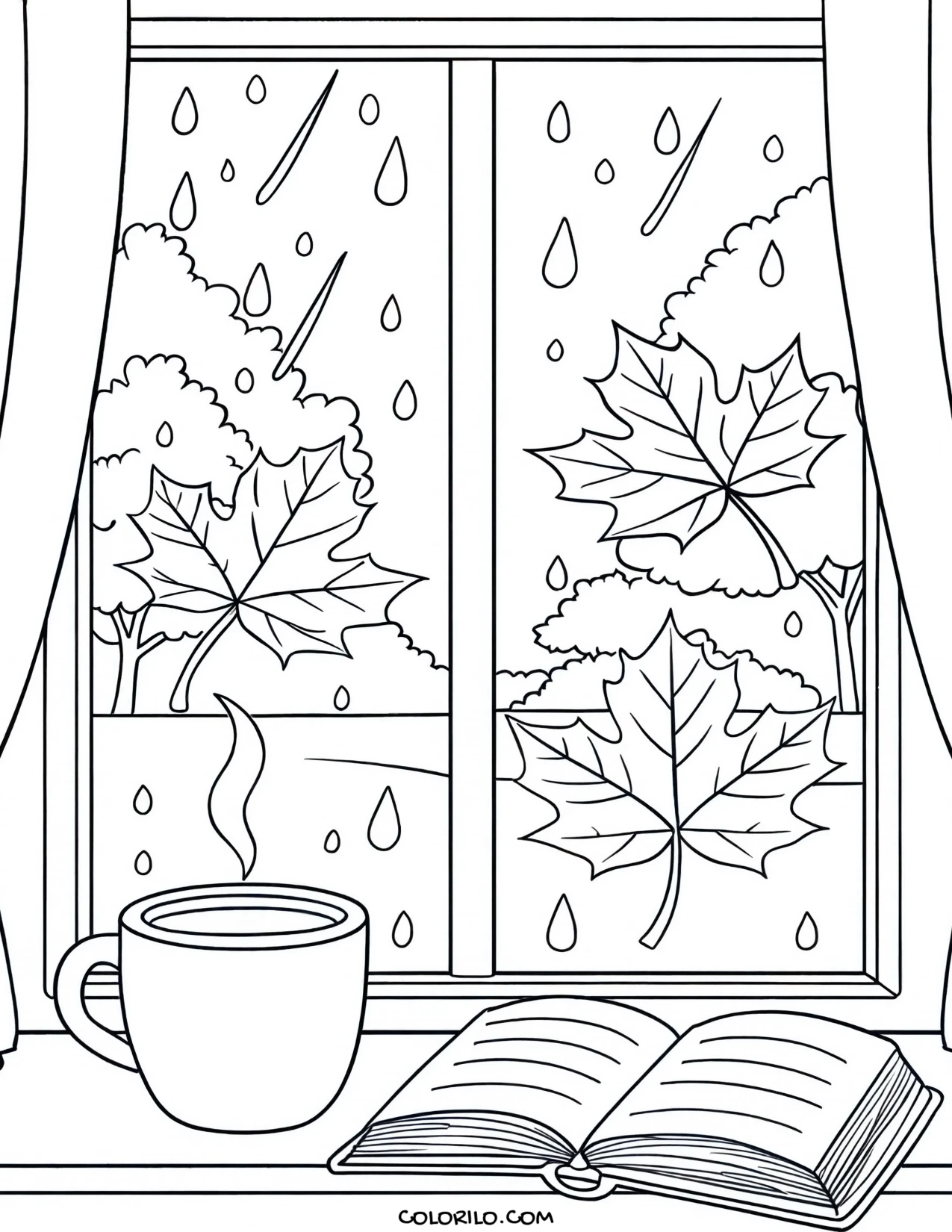 A cup of coffee beside a rain-streaked window coloring page