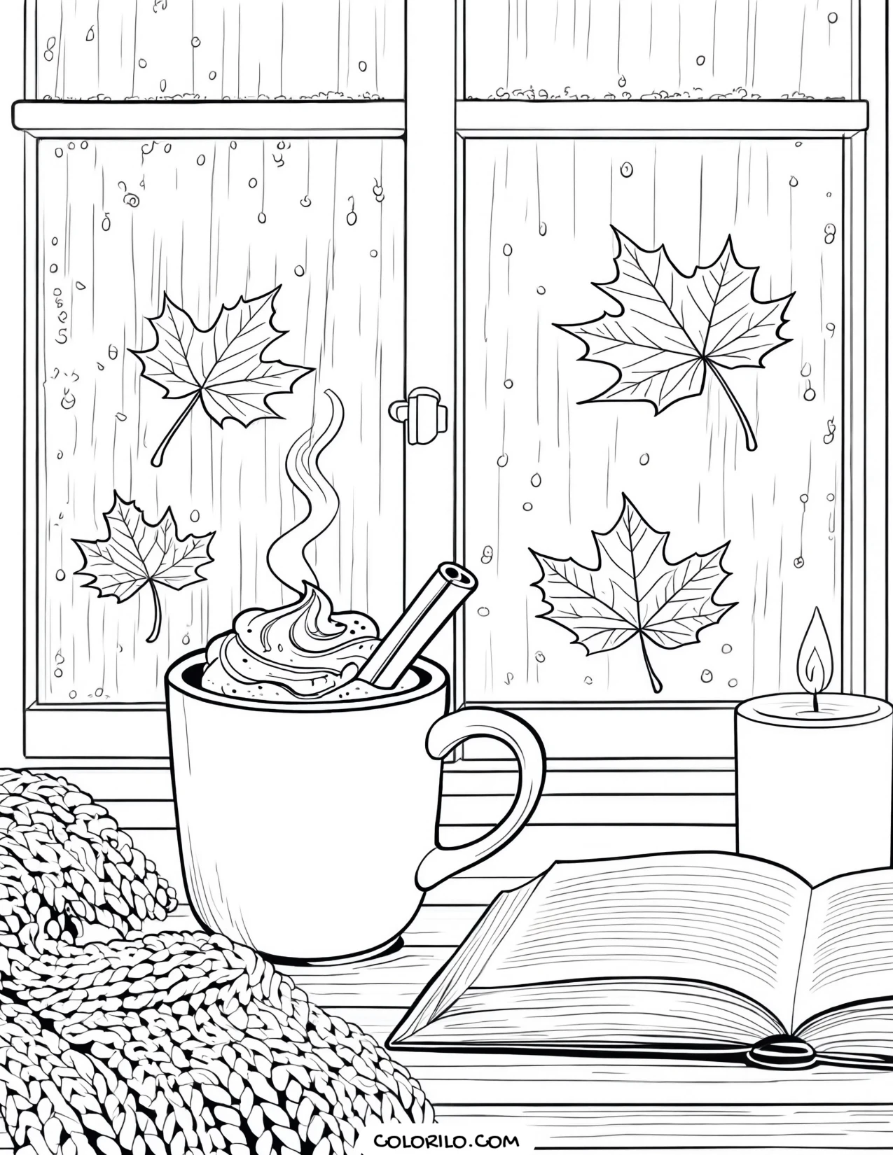 Hot chocolate by a rainy autumn window coloring page
