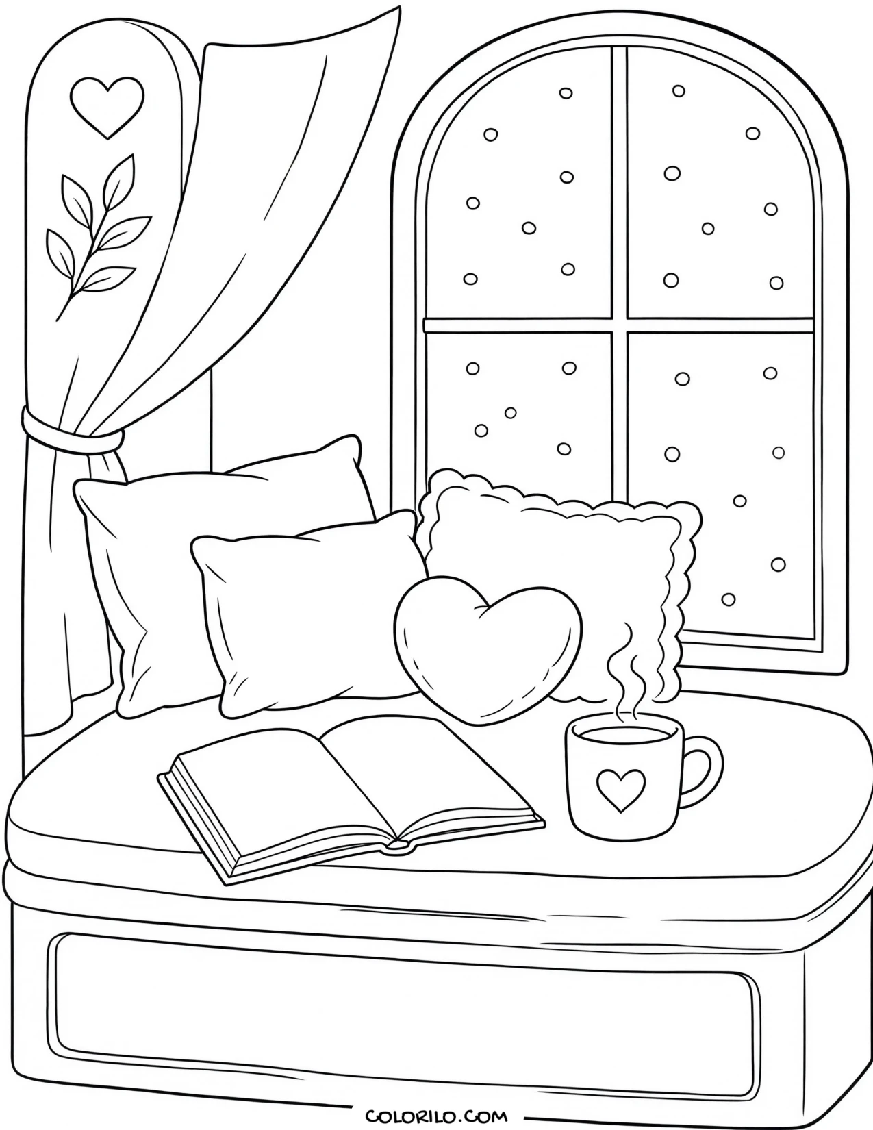 A reading nook piled with cushions coloring page