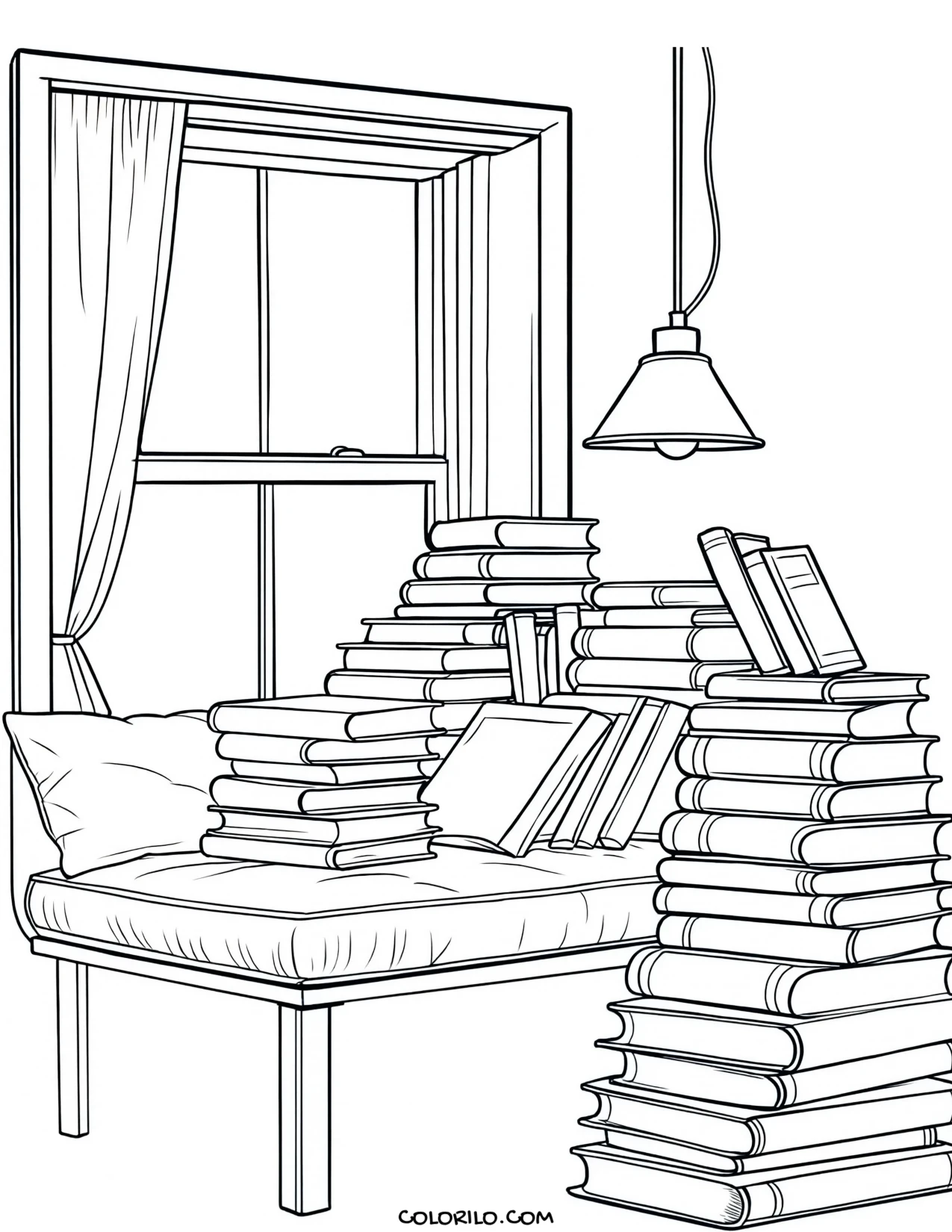 A reading nook built into a window seat coloring page