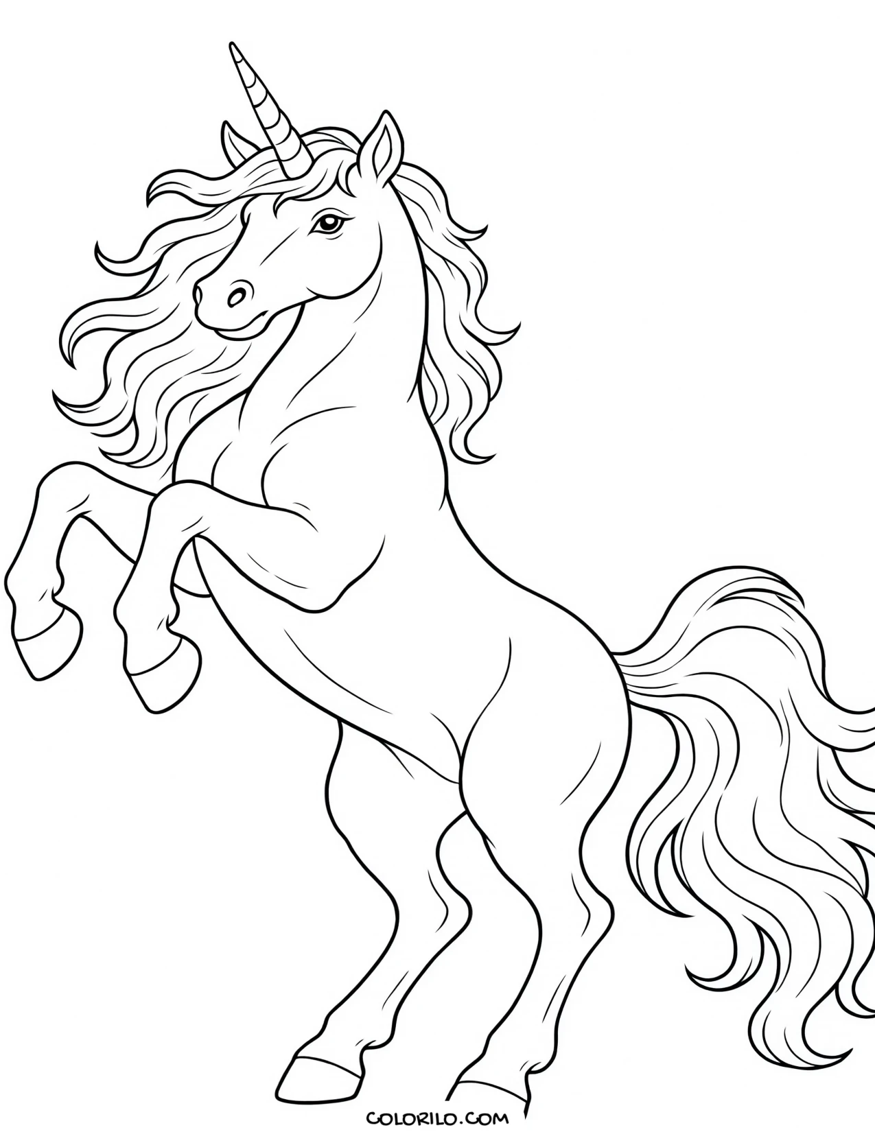 A unicorn rearing shown in full coloring page