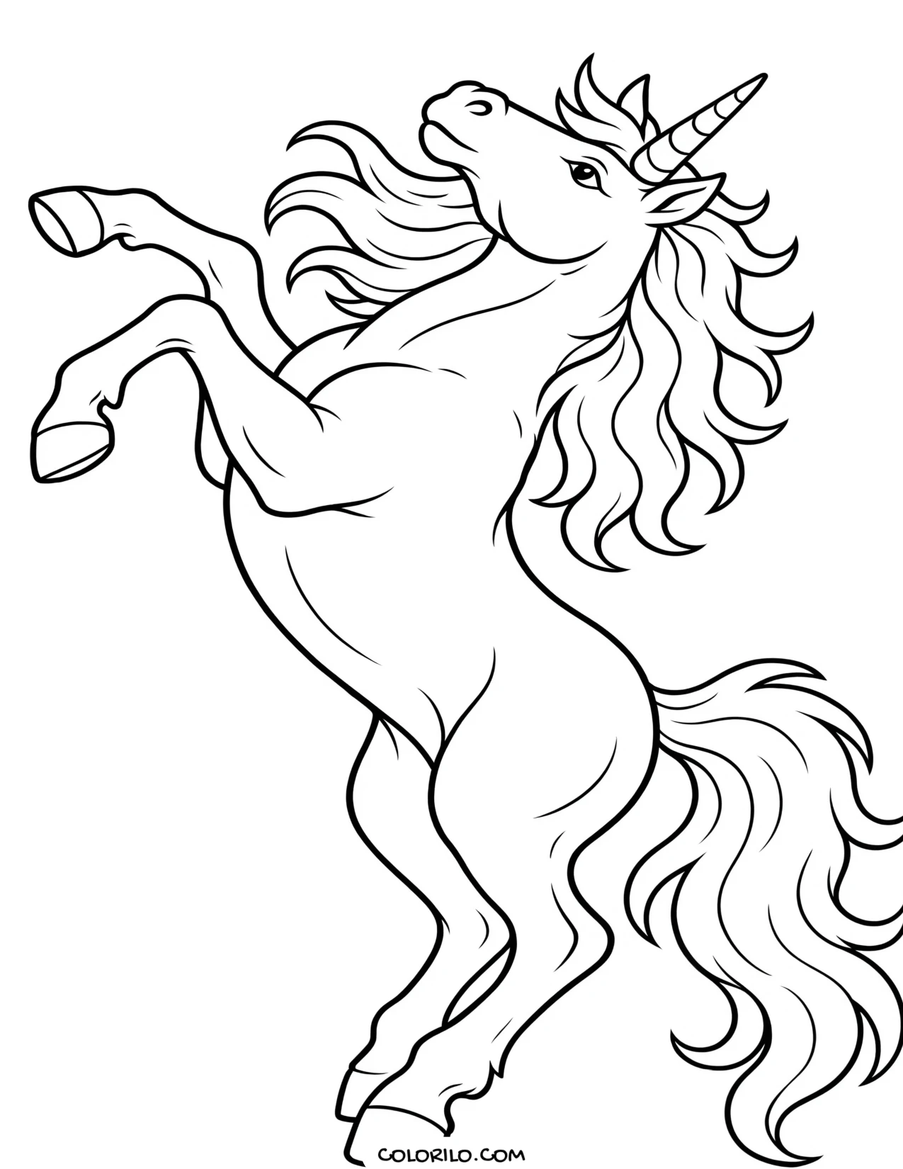 A unicorn rearing up on its hind legs coloring page