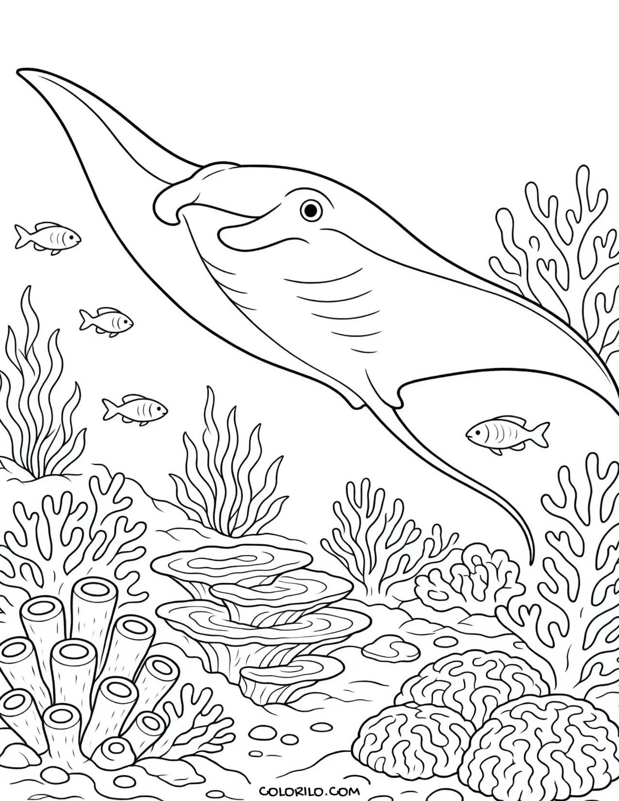 A reef manta ray gliding over coral coloring page