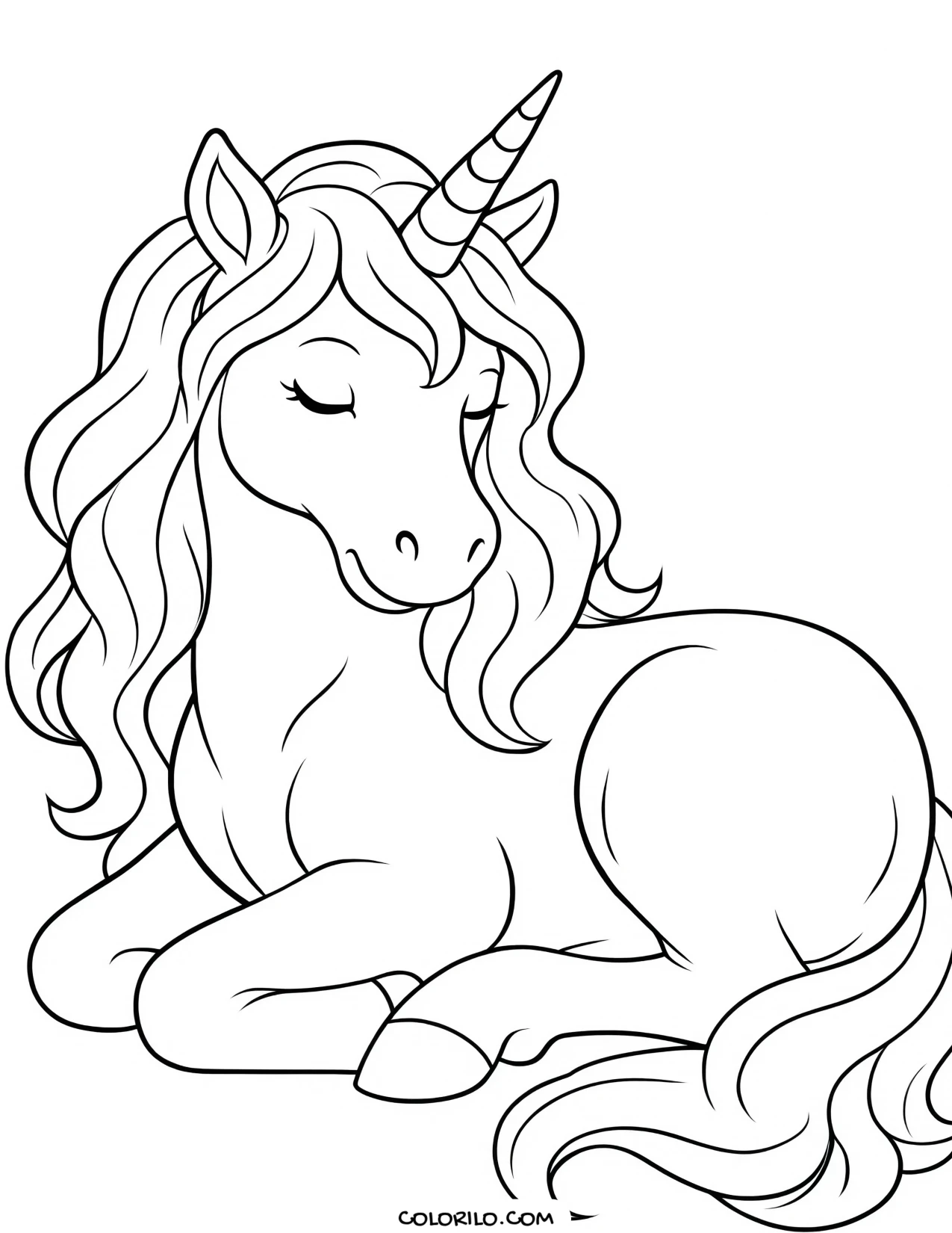 A unicorn resting with its eyes closed coloring page