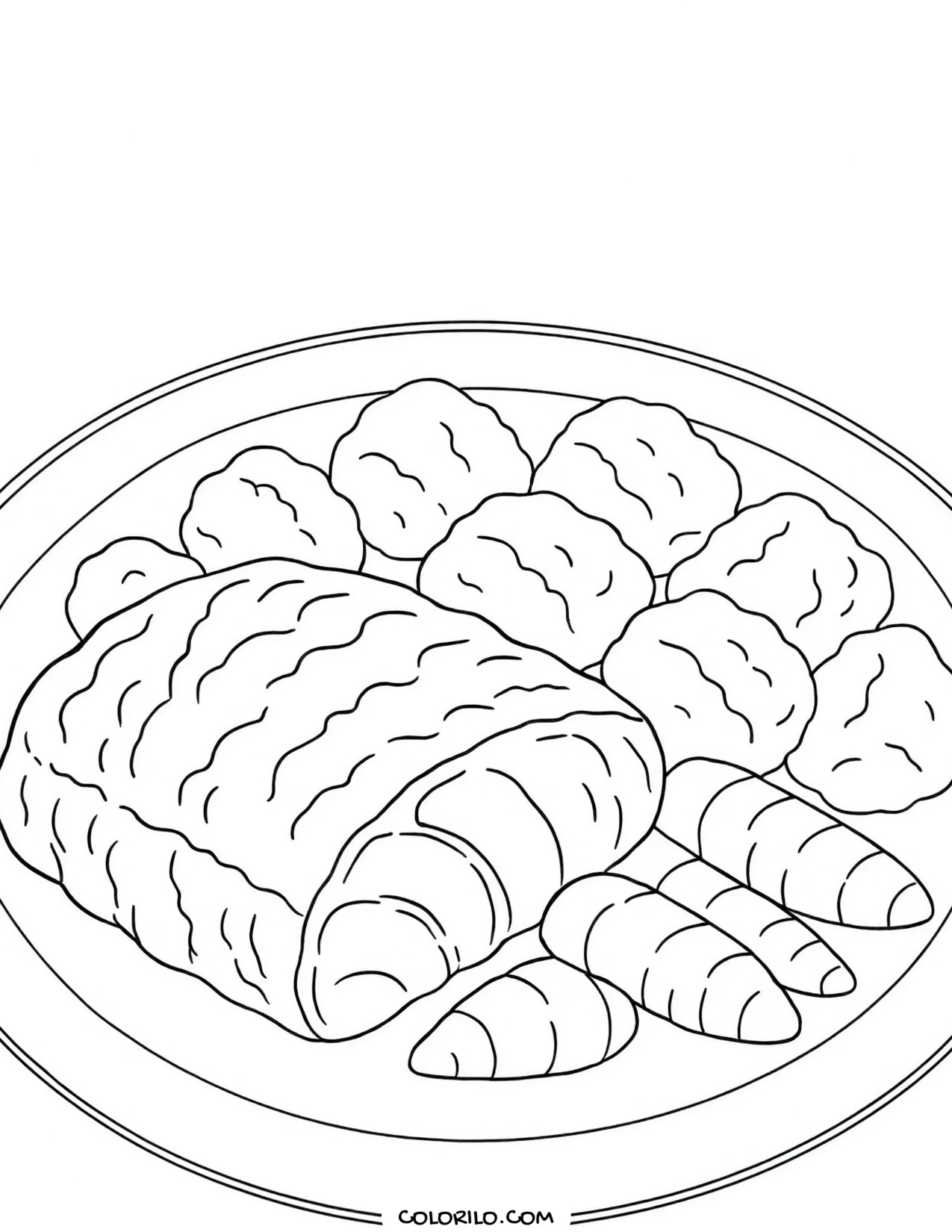A roast dinner with meat and potatoes coloring page