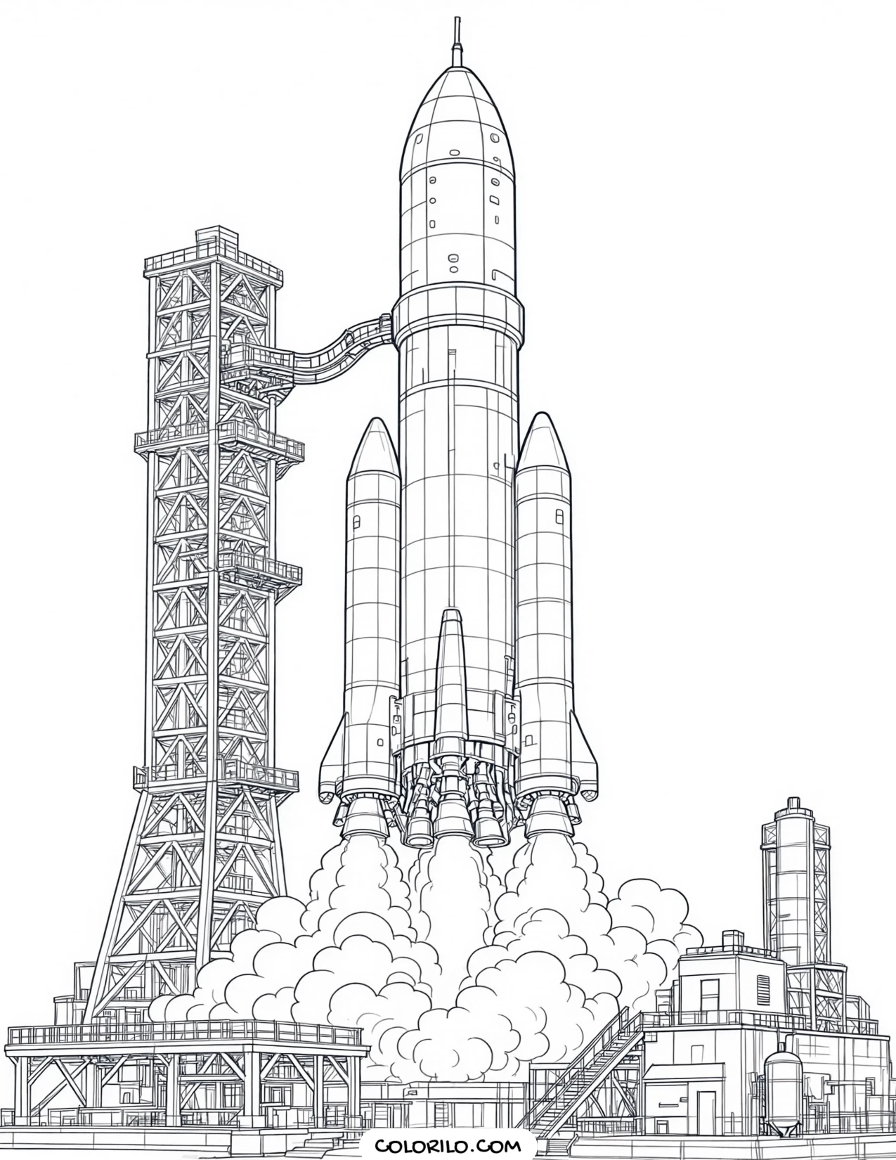 A rocket standing on its launch tower coloring page