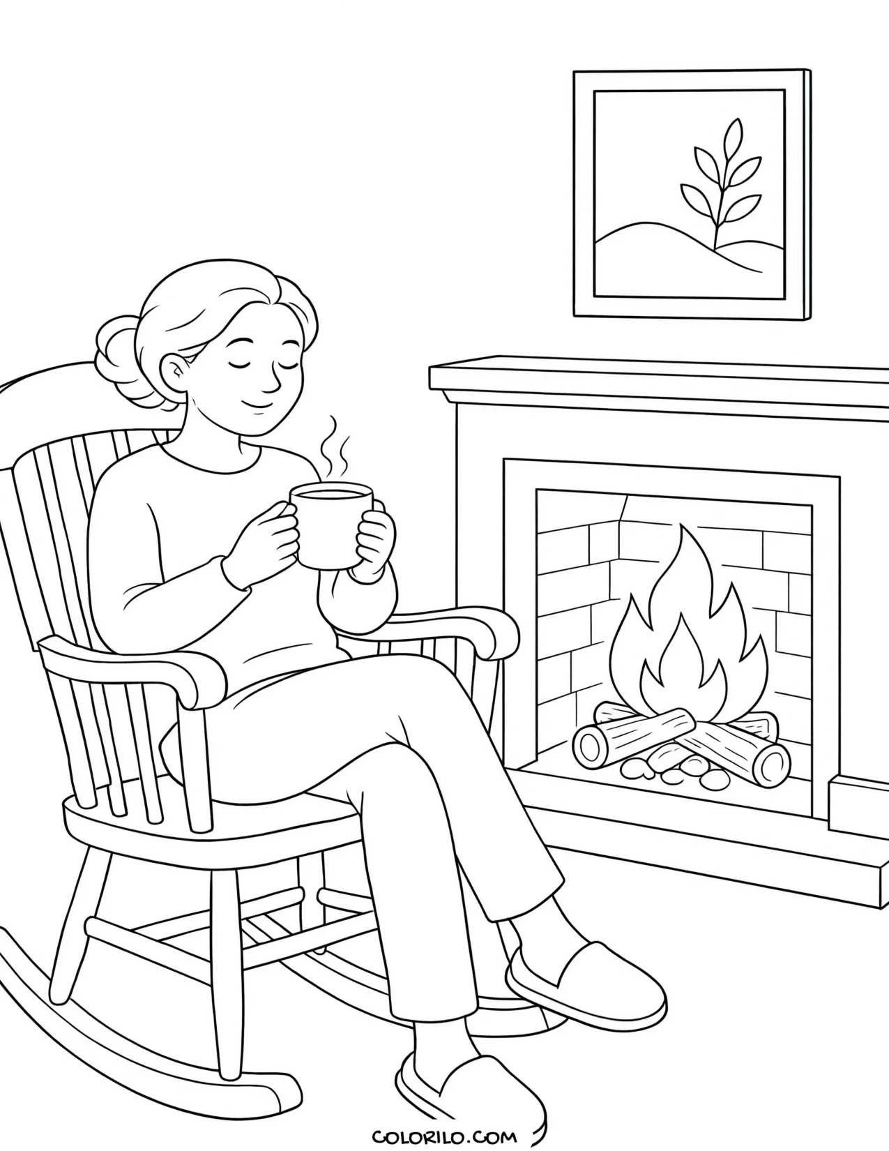 A rocking chair beside the fire coloring page