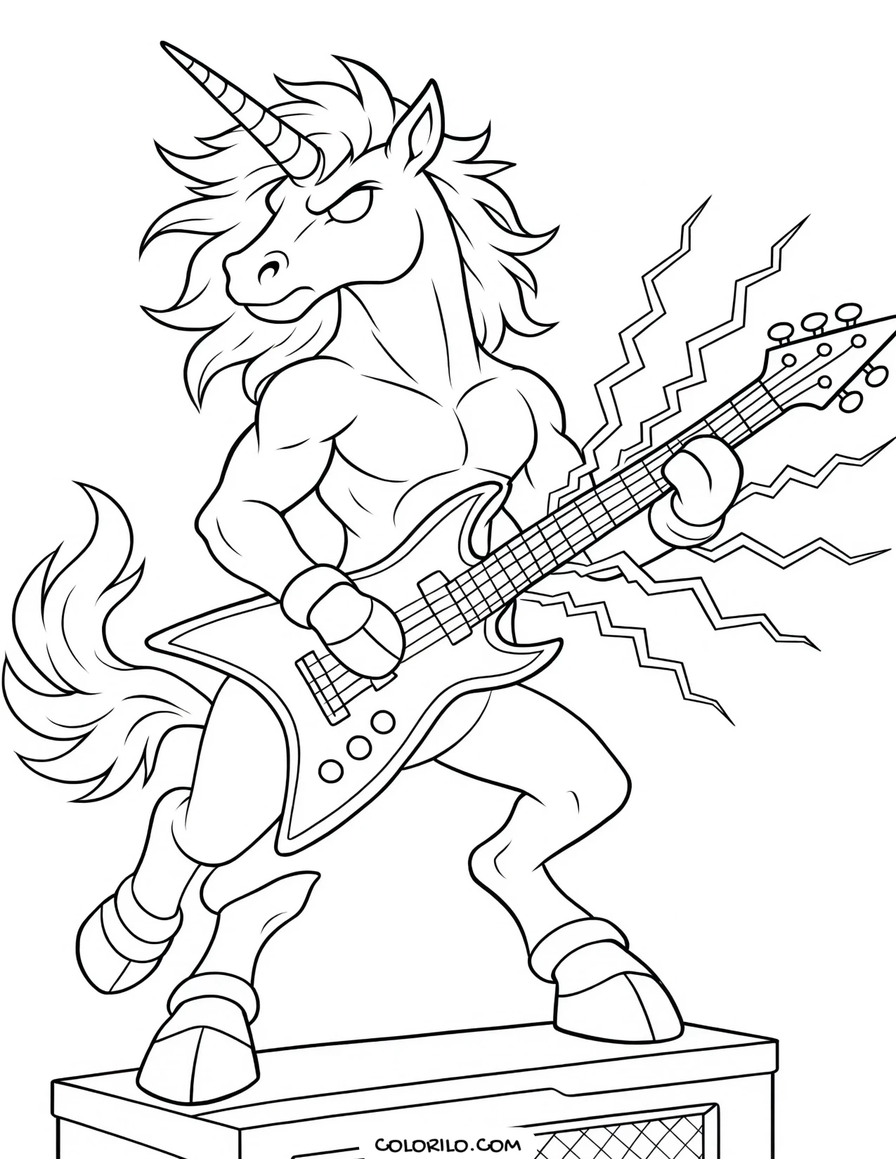 A unicorn playing an electric guitar coloring page