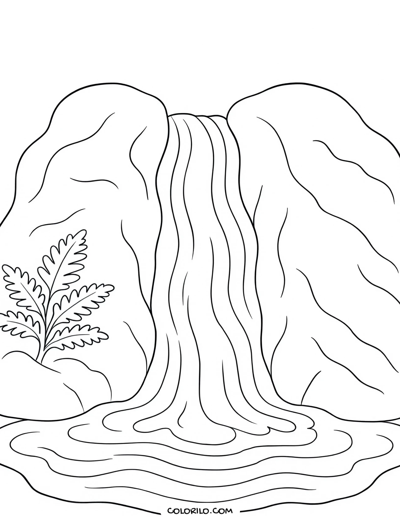 a waterfall dropping over rocks into a pool coloring page