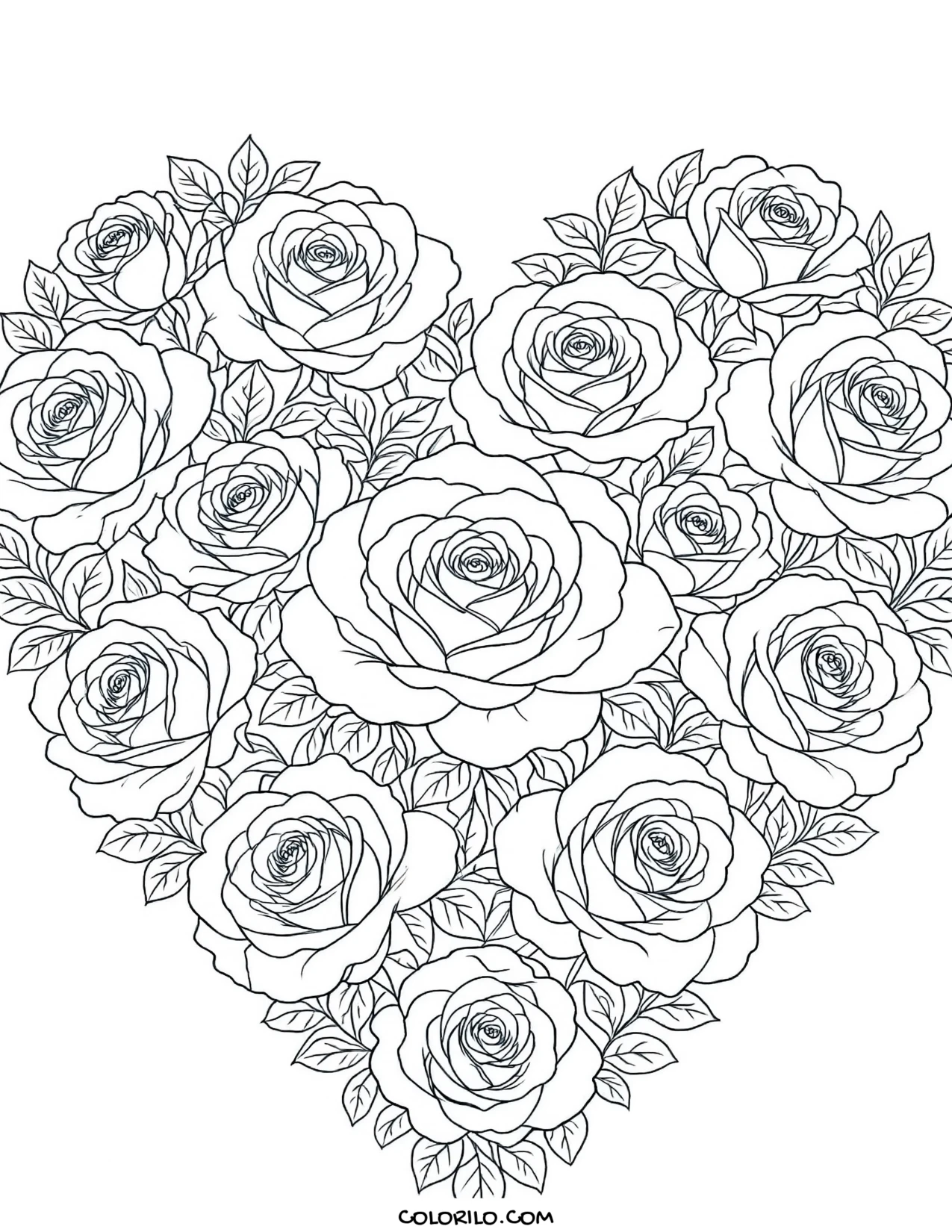 A heart made from layered roses coloring page