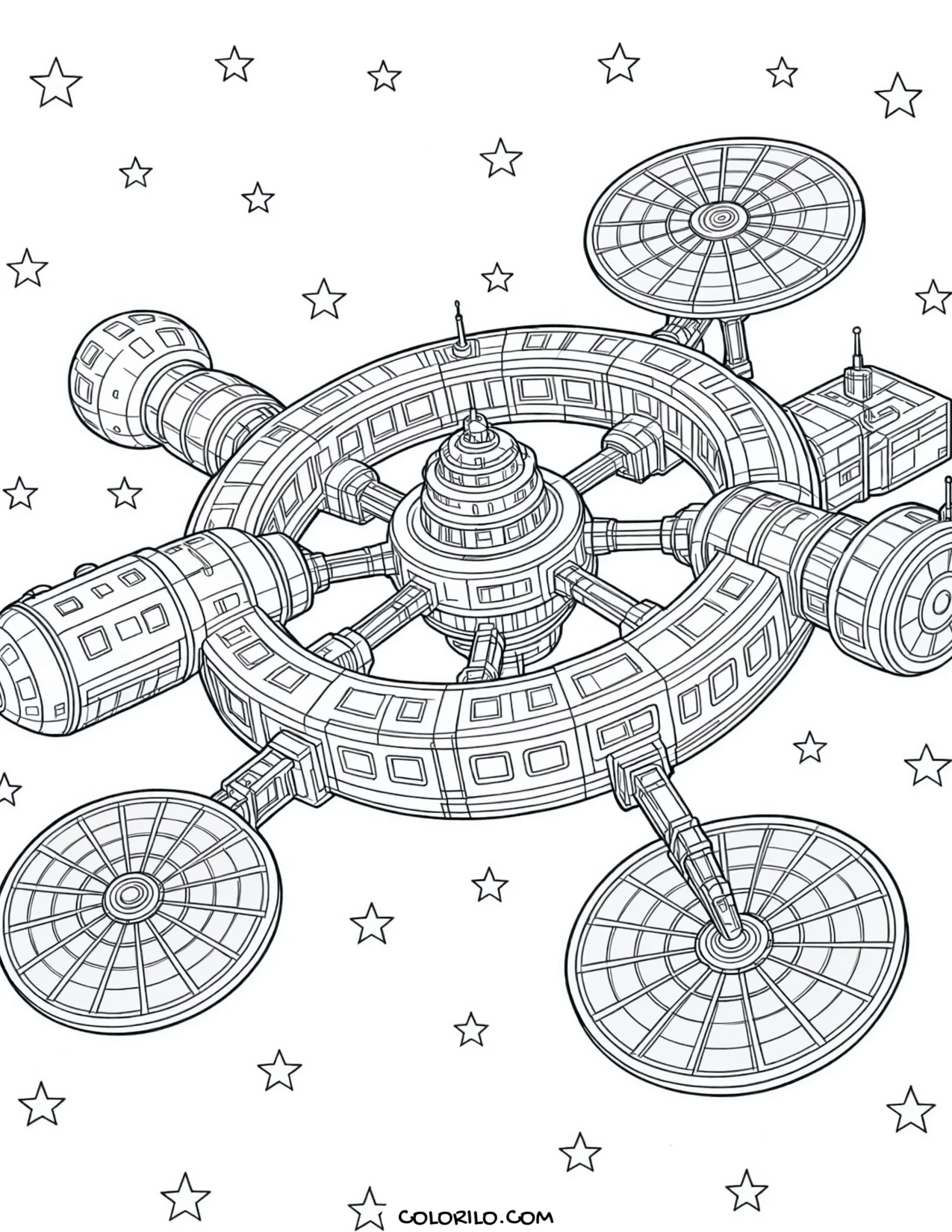 A rotating space habitat coloring page
