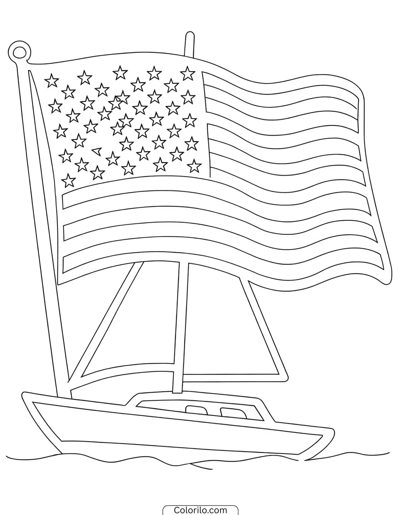 Sailboat flying a large American flag coloring page