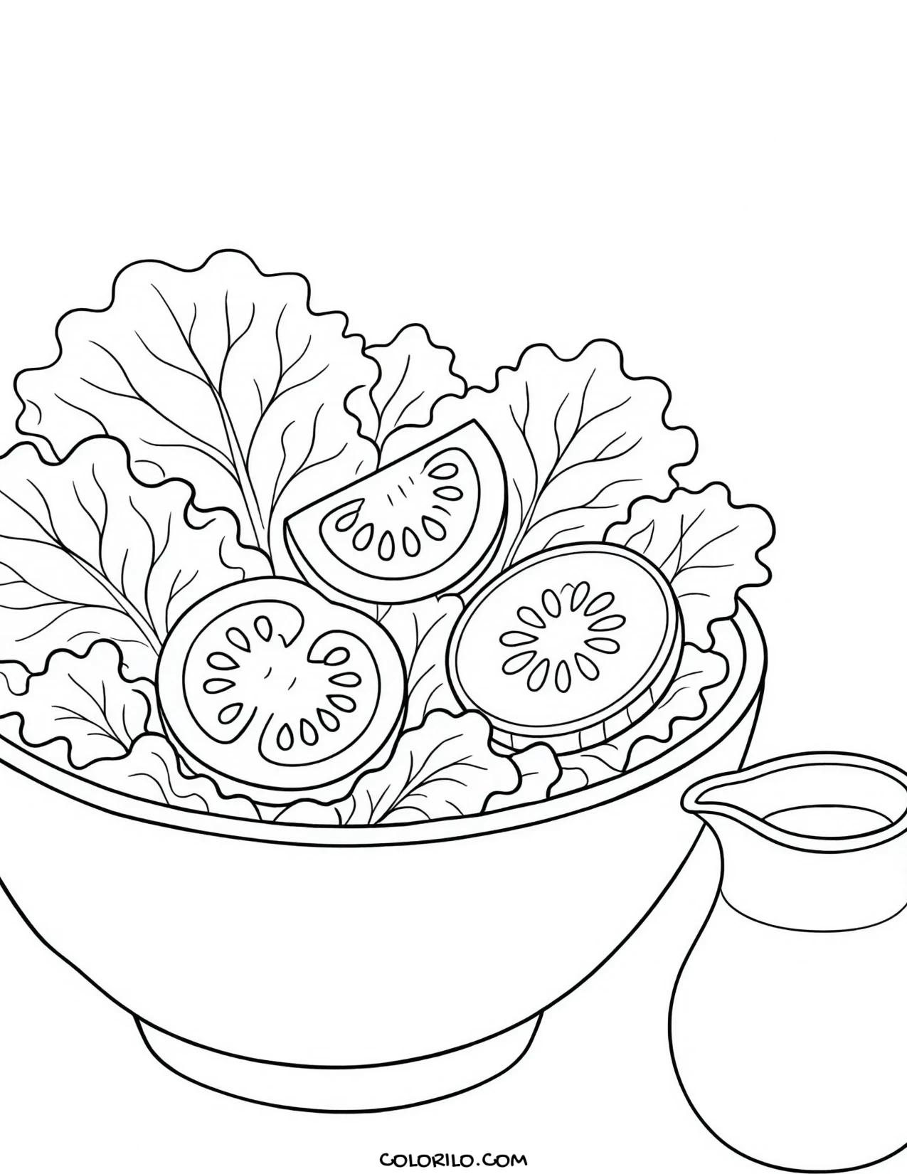 A salad bowl with a jug of dressing coloring page
