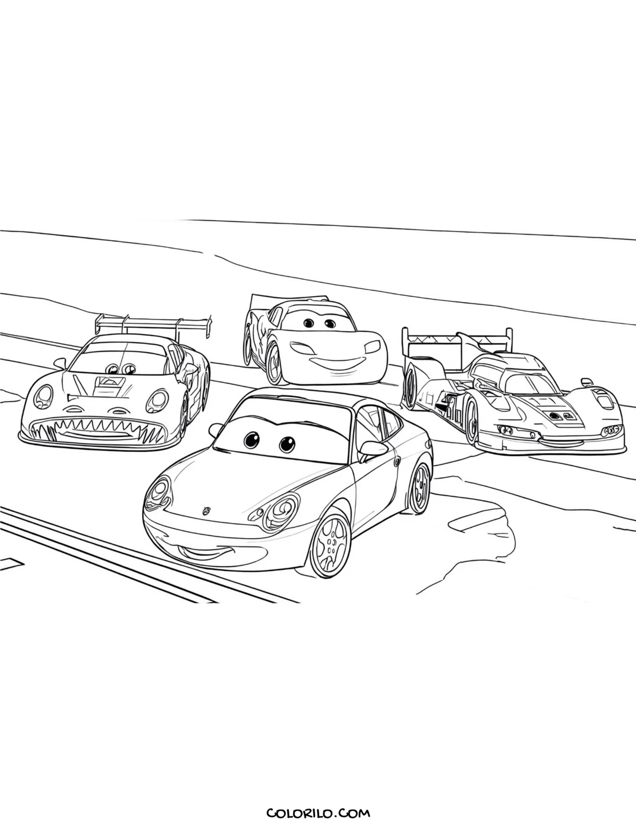 Sally Carrera at the racing stadium coloring page