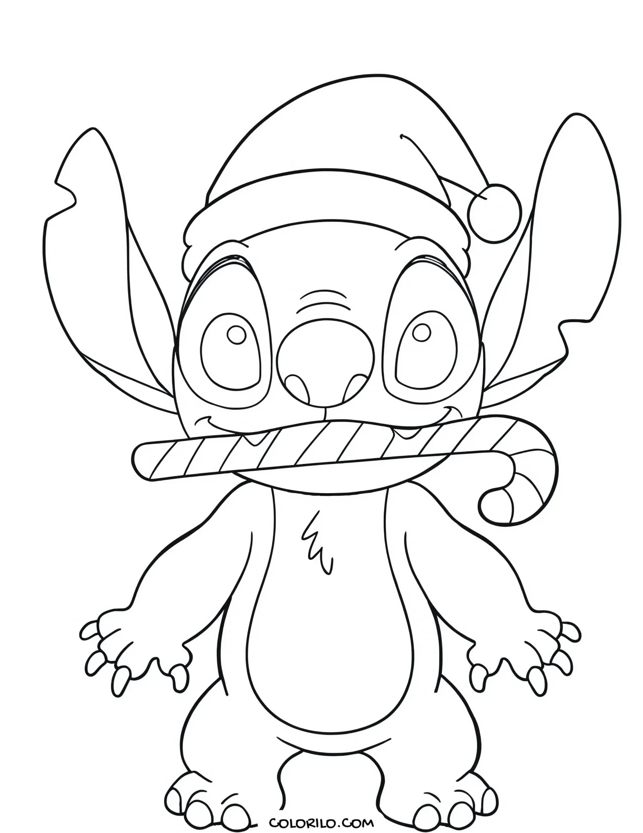 Stitch as Santa holding a candy cane coloring page