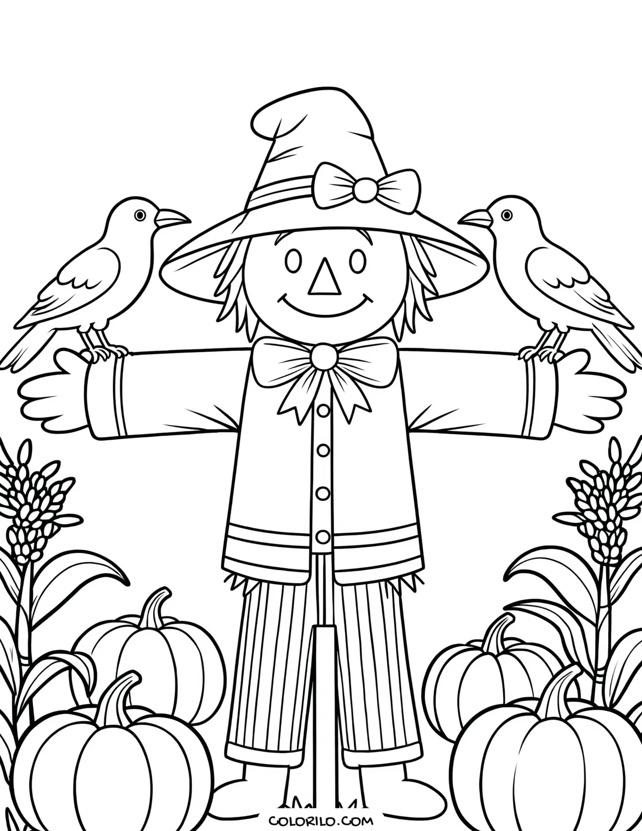 A scarecrow surrounded by crows coloring page