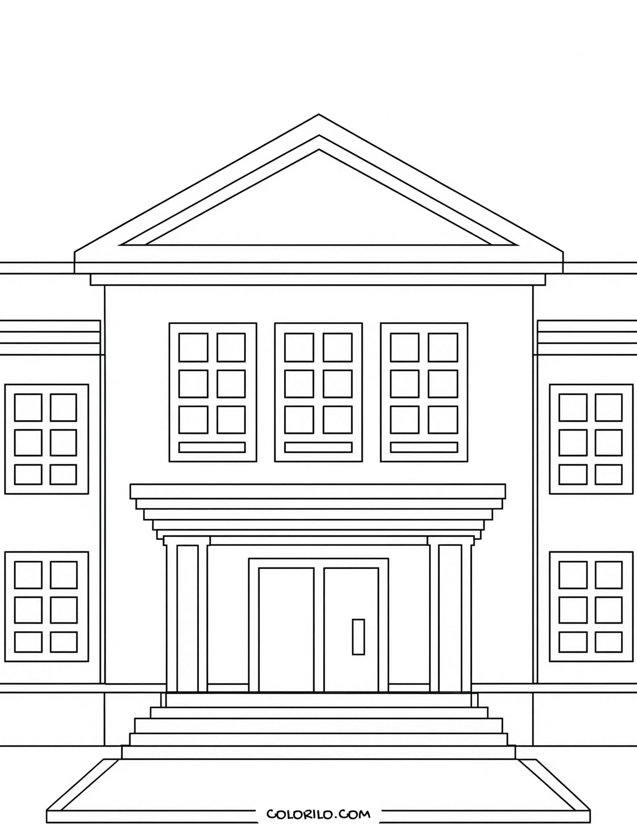 A school building with a central entrance coloring page