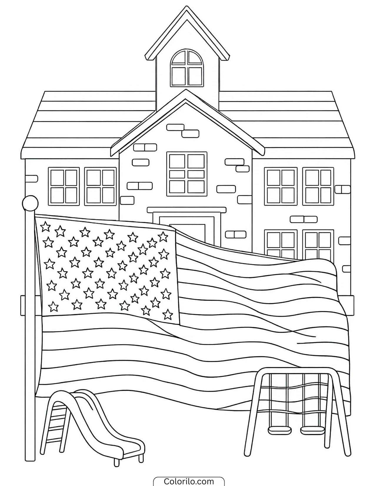 School building with an American flag outside coloring page