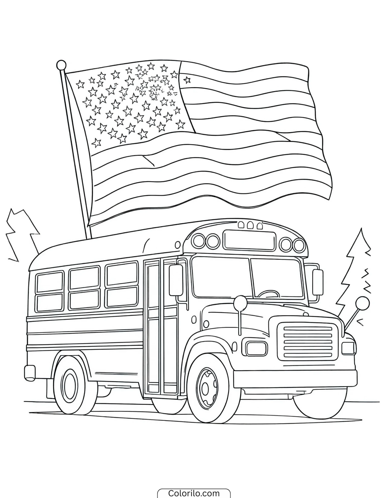 School bus with an American flag coloring page