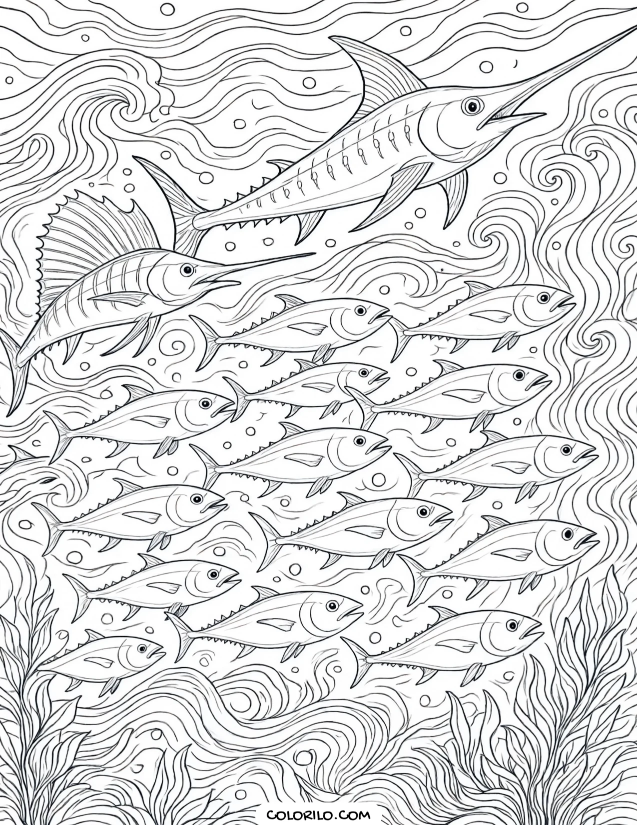 A school of yellowfin tuna and billfish coloring page