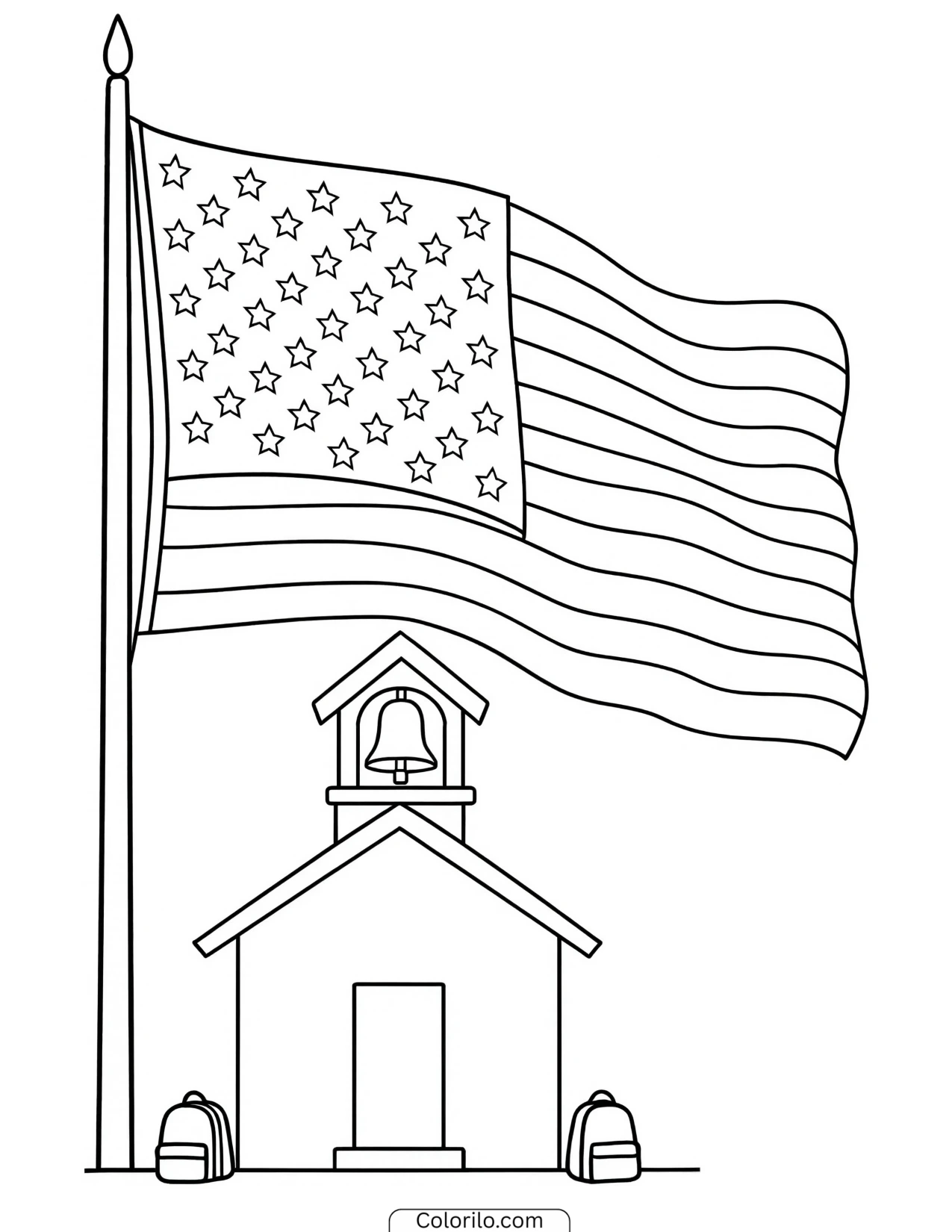 Schoolhouse with a waving American flag coloring page