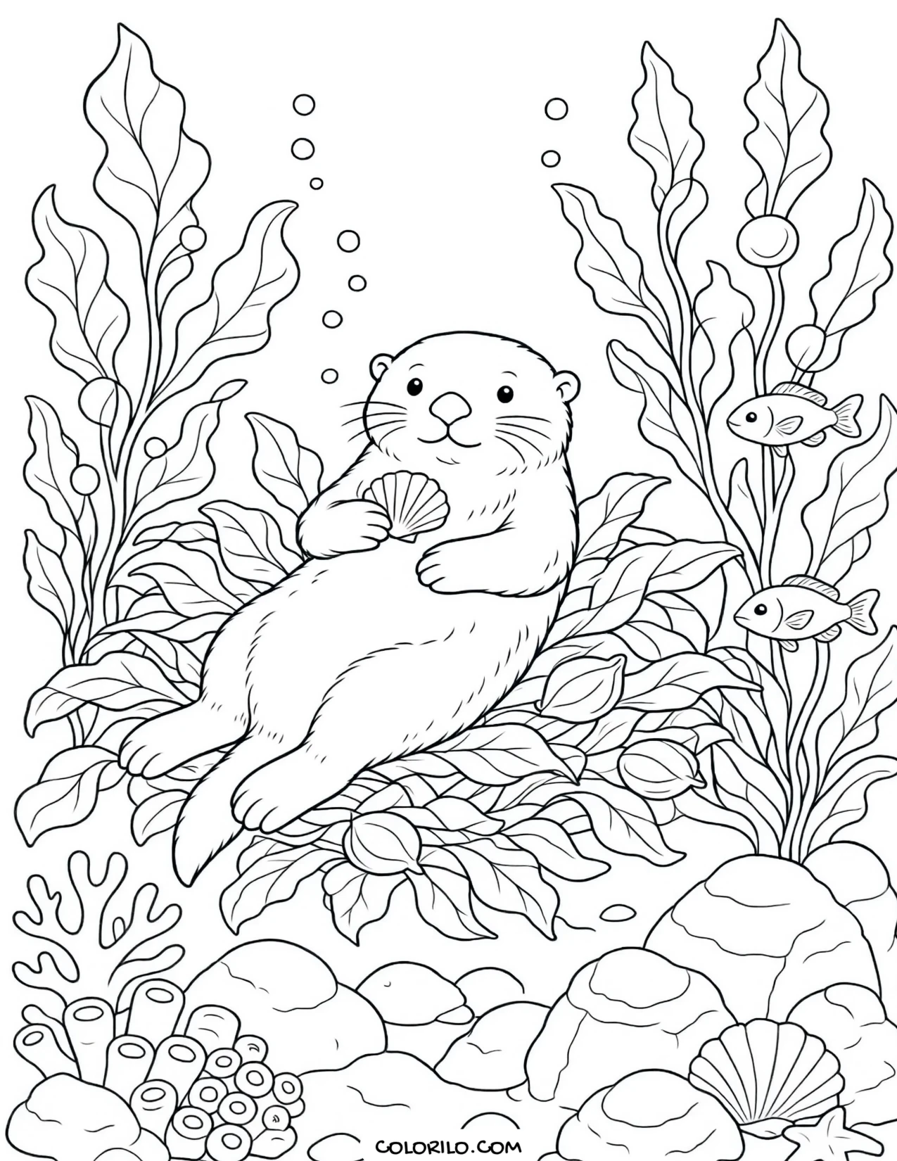 A sea otter floating in a kelp forest raft coloring page
