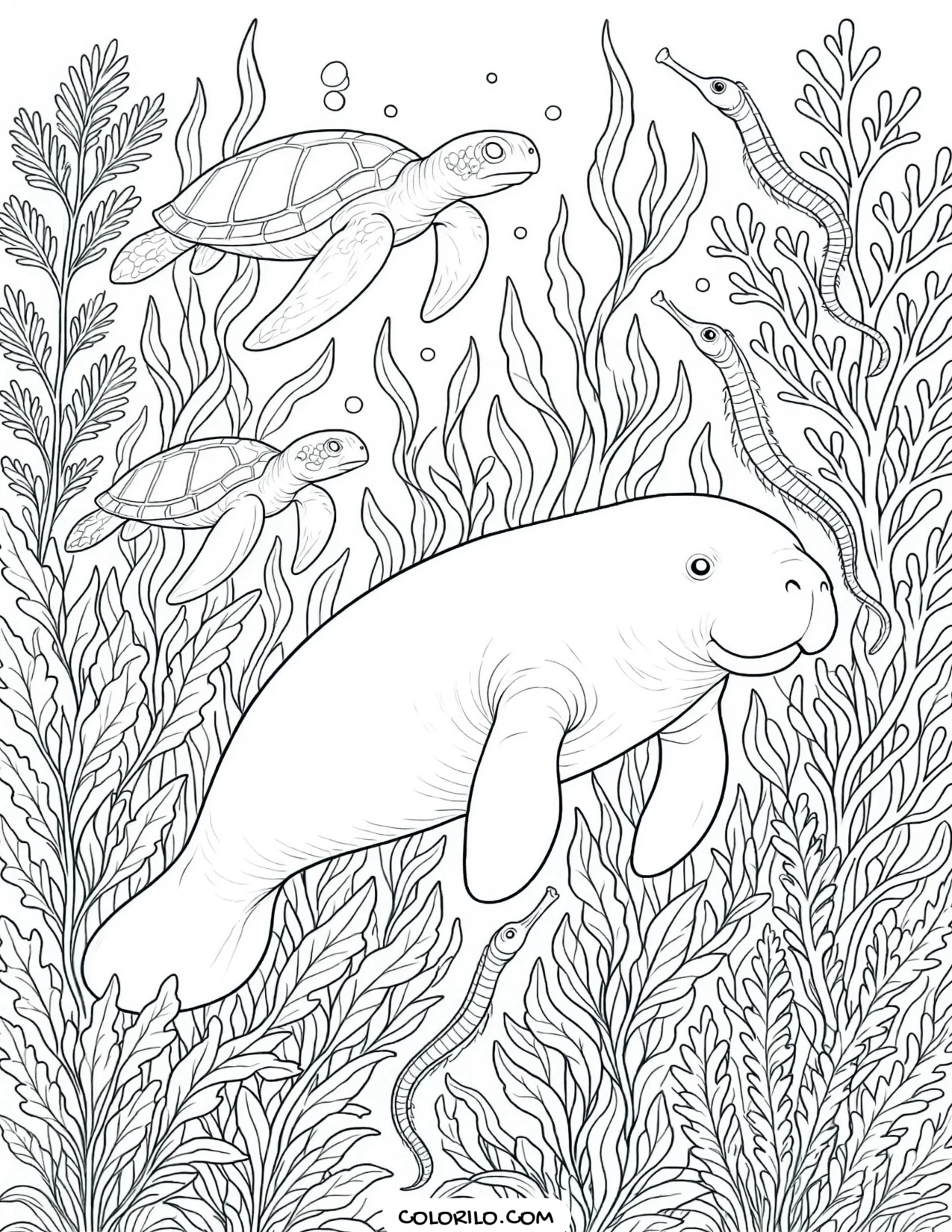 A manatee and dugong in a seagrass meadow coloring page