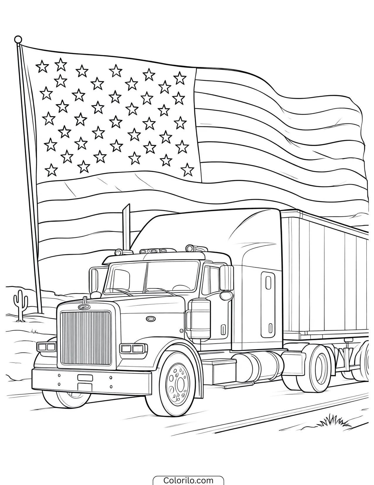Semi-truck with an American flag waving above it coloring page