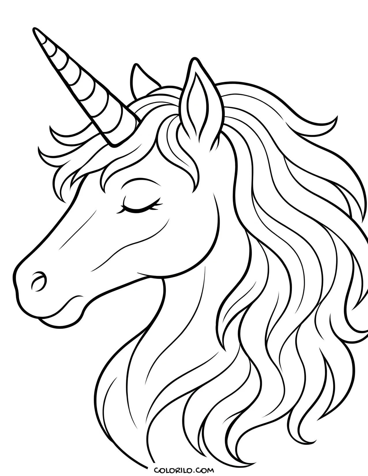 A serene unicorn head seen in profile coloring page