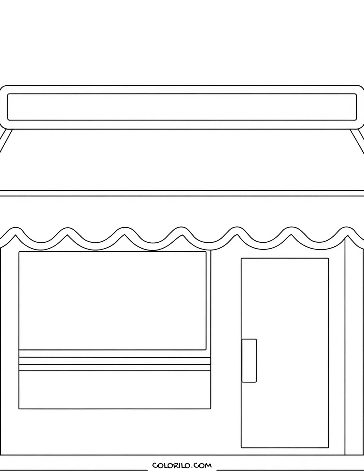 A shop front with an awning and display window coloring page