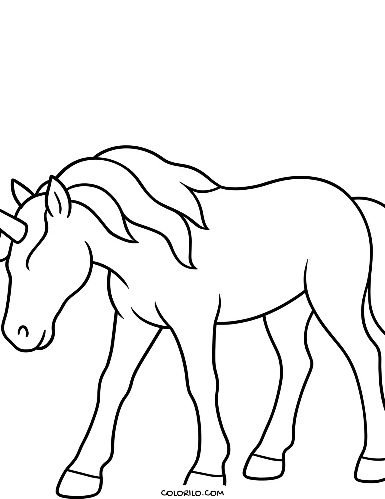 A simple drawing of a unicorn walking coloring page