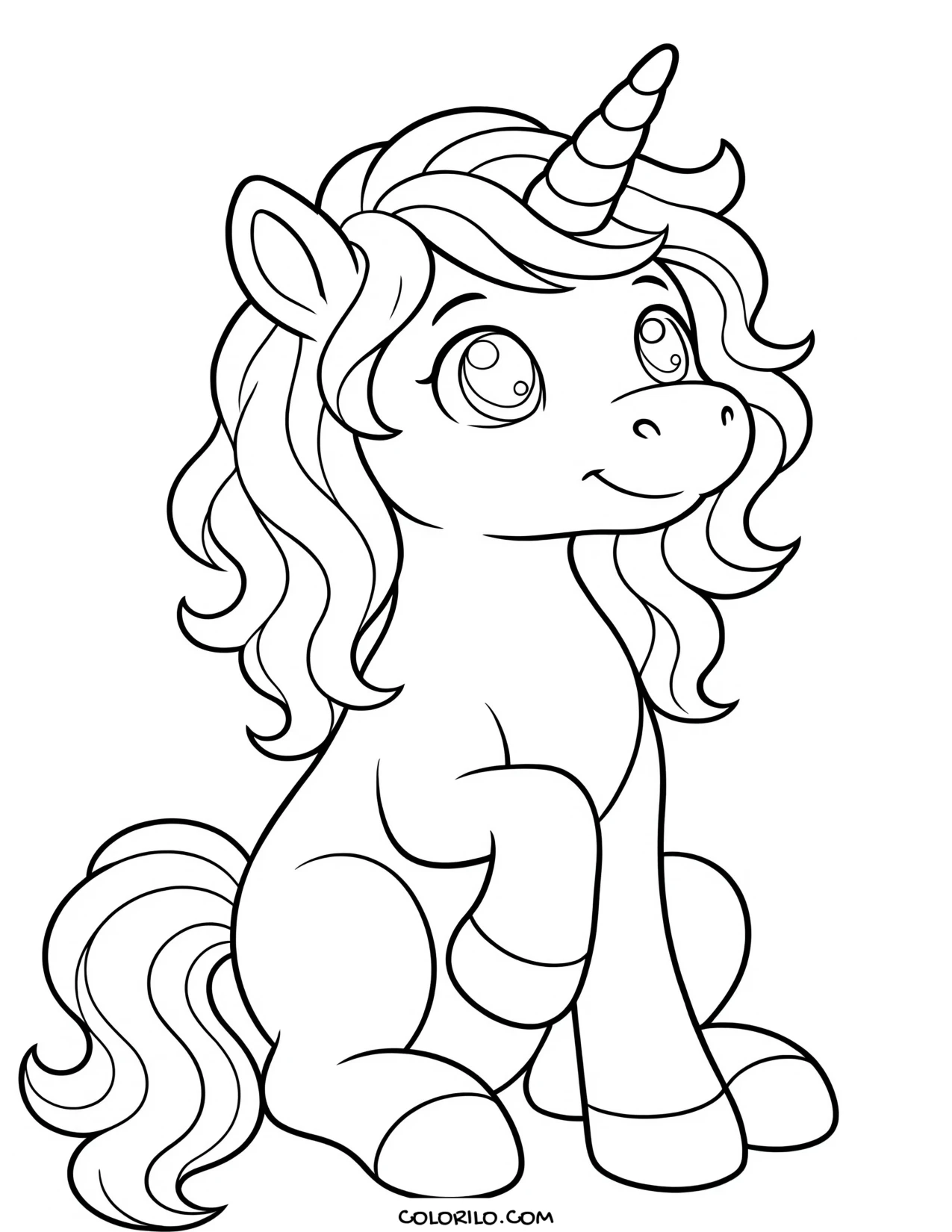 A baby unicorn sitting down coloring page