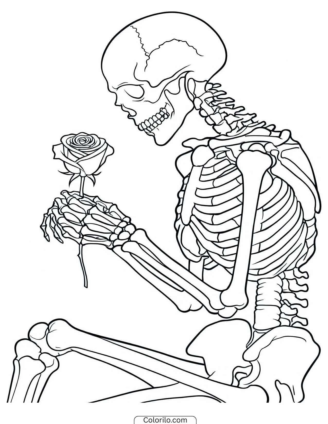 Skeleton holding a single rose coloring page