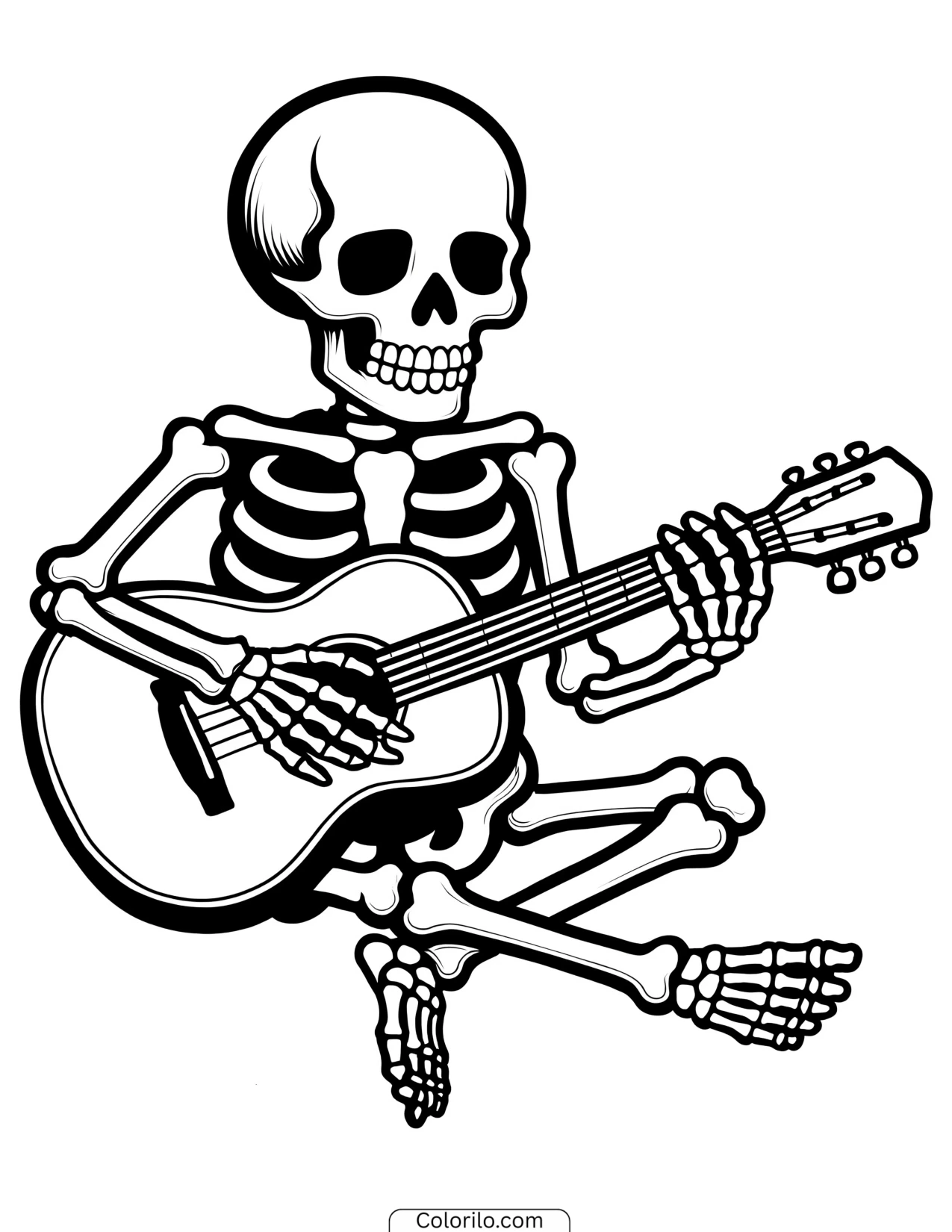 Skeleton playing an acoustic guitar coloring page
