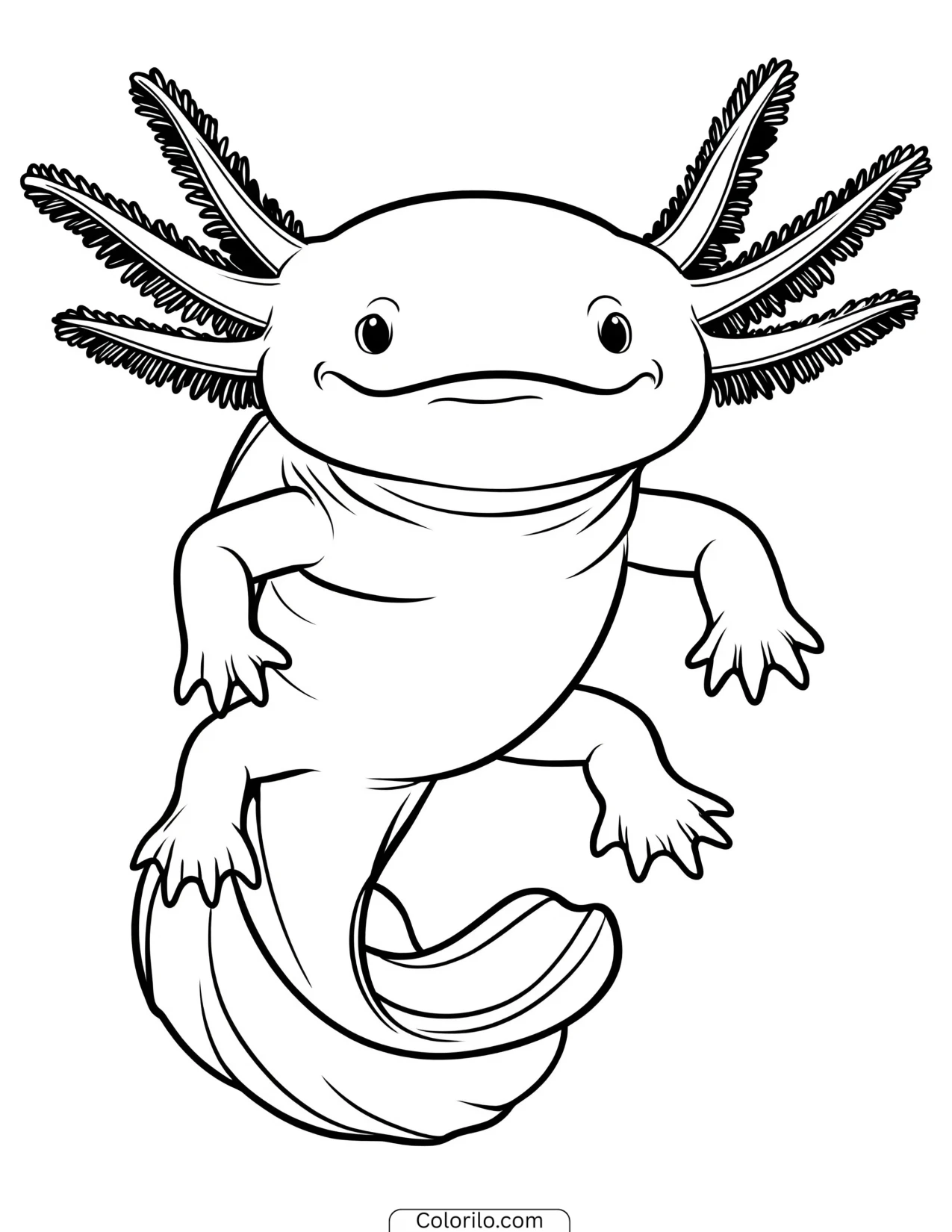 Smiling axolotl floating in place coloring page