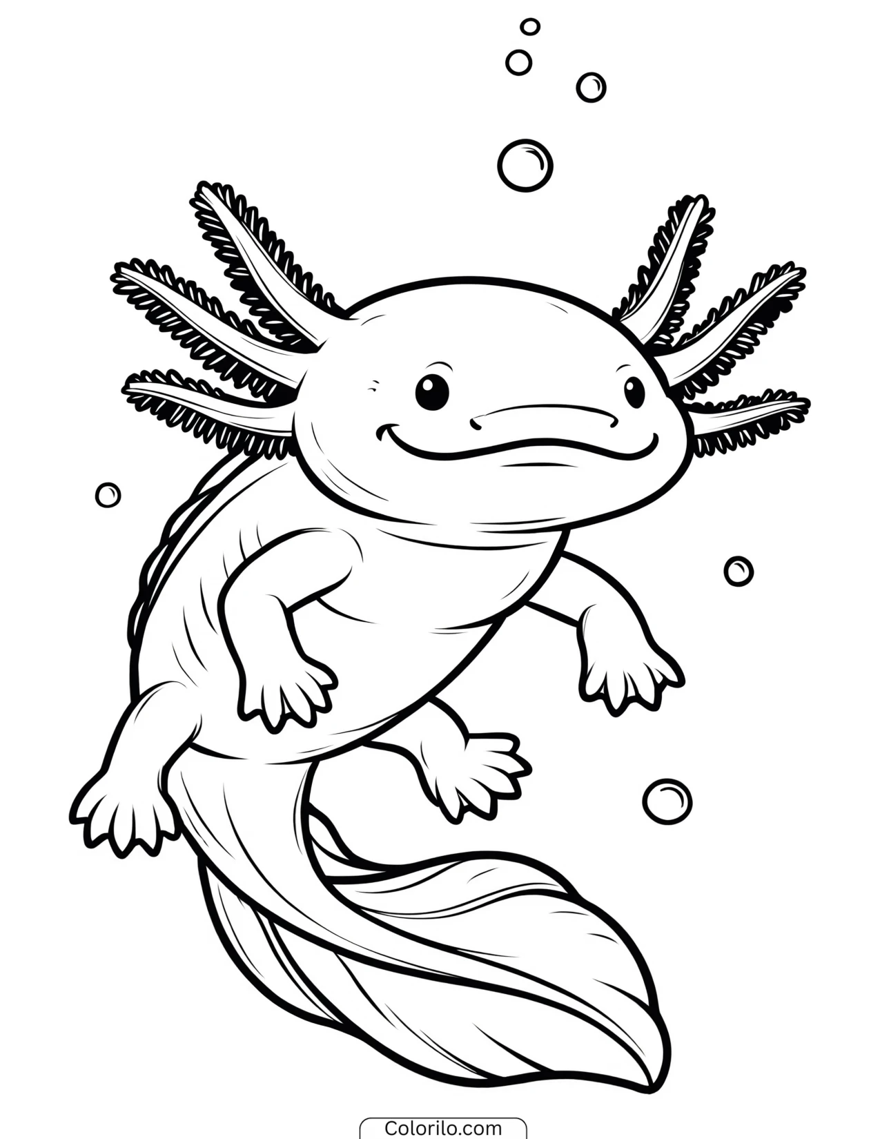 Smiling axolotl swimming along coloring page