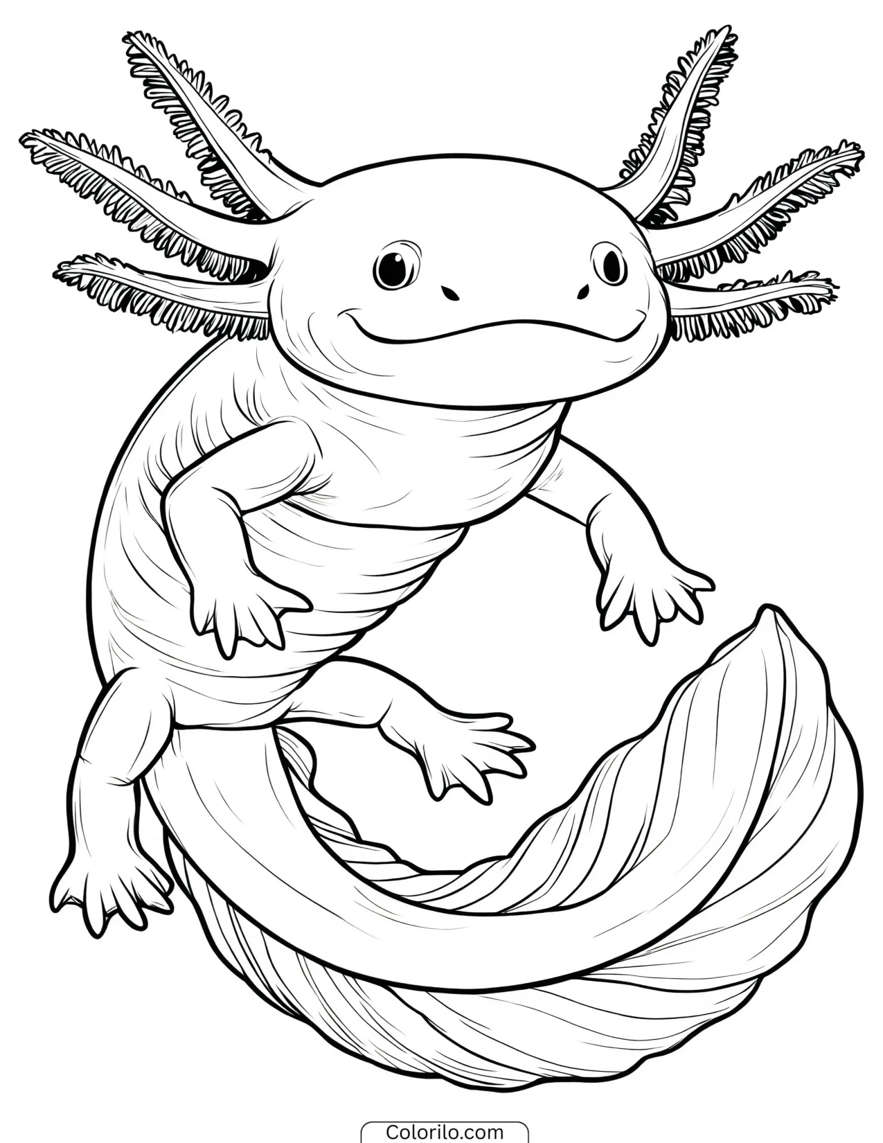 Smiling axolotl waving one arm coloring page